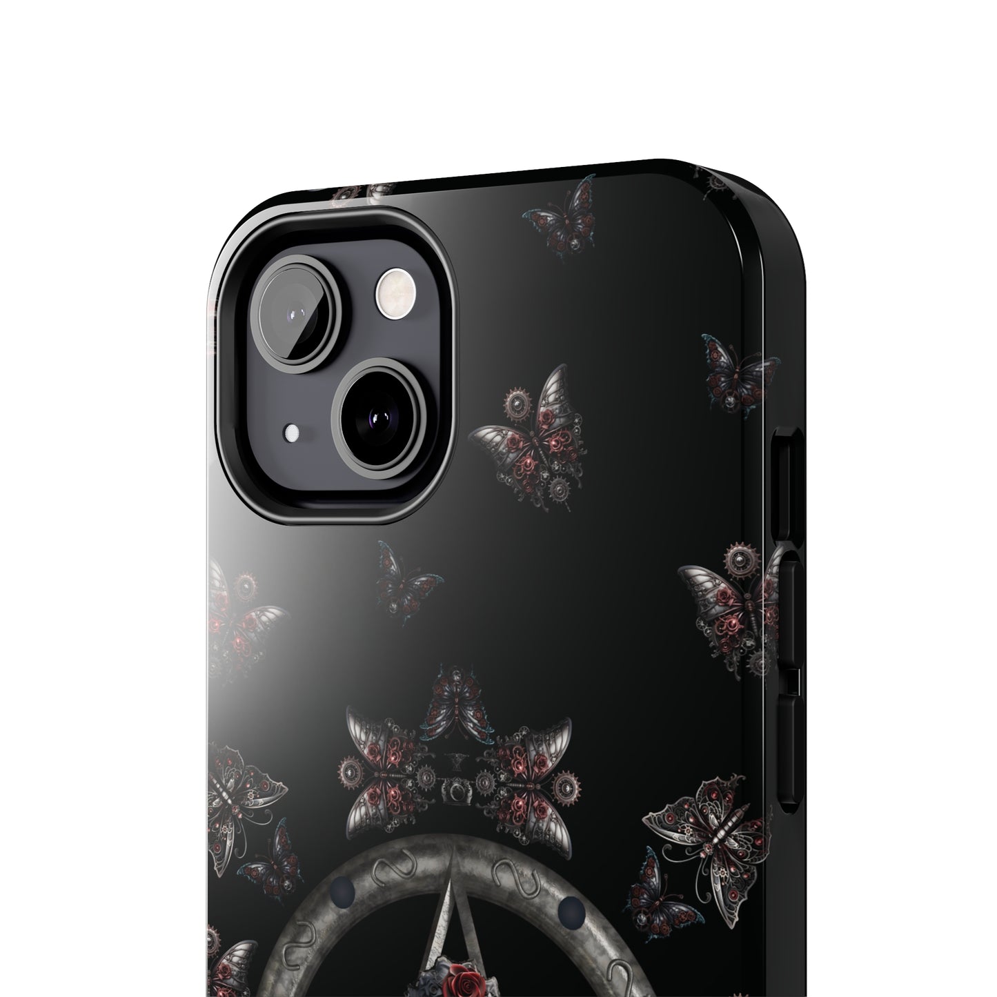 Dark Gothic Steampunk Tough iPhone Case | Steel Metal Roses Butterflies Phone Cover | Dark Goth Themed iPhone Accessories | "Heavy Metal"