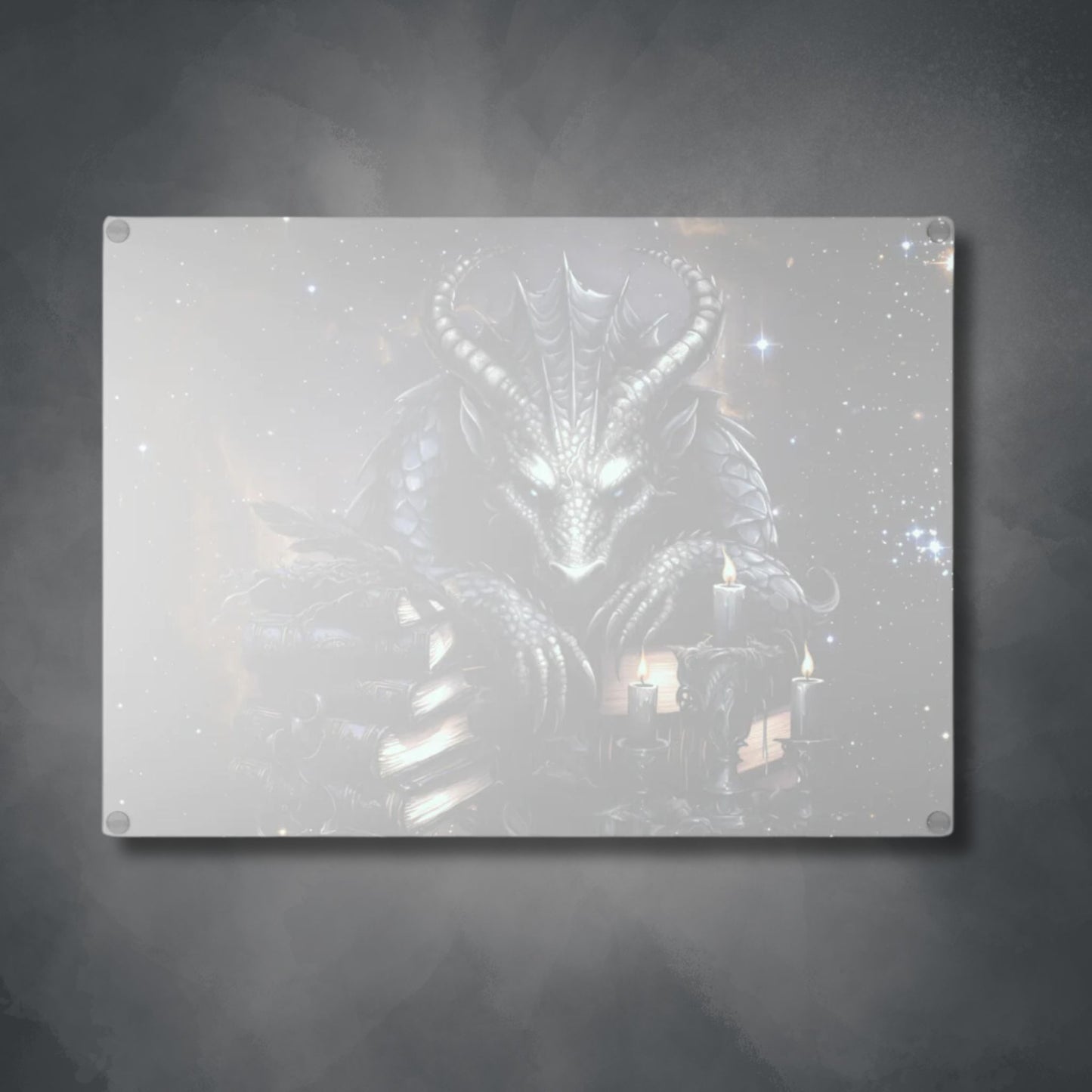 Ethereal Fantasy Style Glass Cutting Board | Black Gargoyle Starry Sky Kitchen Decor | Supernatural Themed Home Accents | "Knowledge is Power"