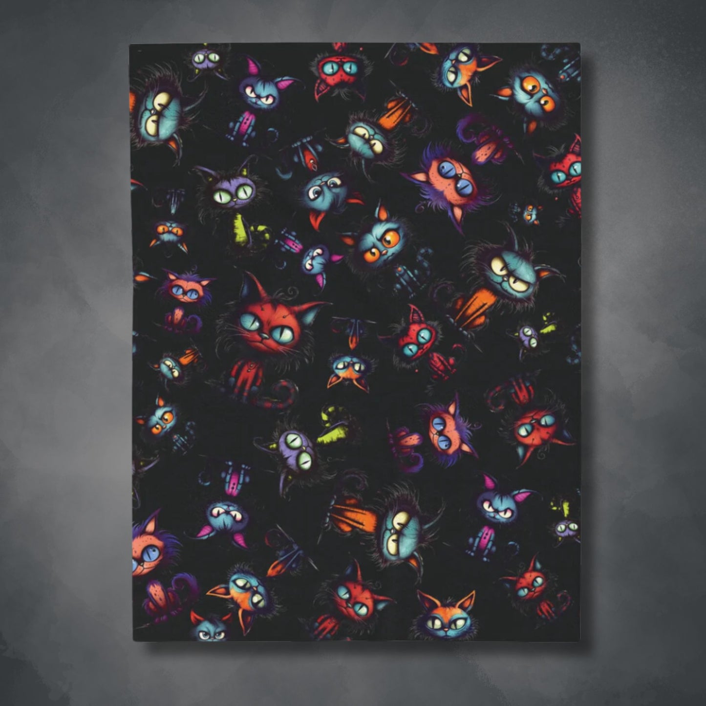 Scary Cartoon Style Cat Velveteen Blanket | Spooky Kitties Plush Throw Blanket | Cat Art Themed Home Decor | "Feline Combine"