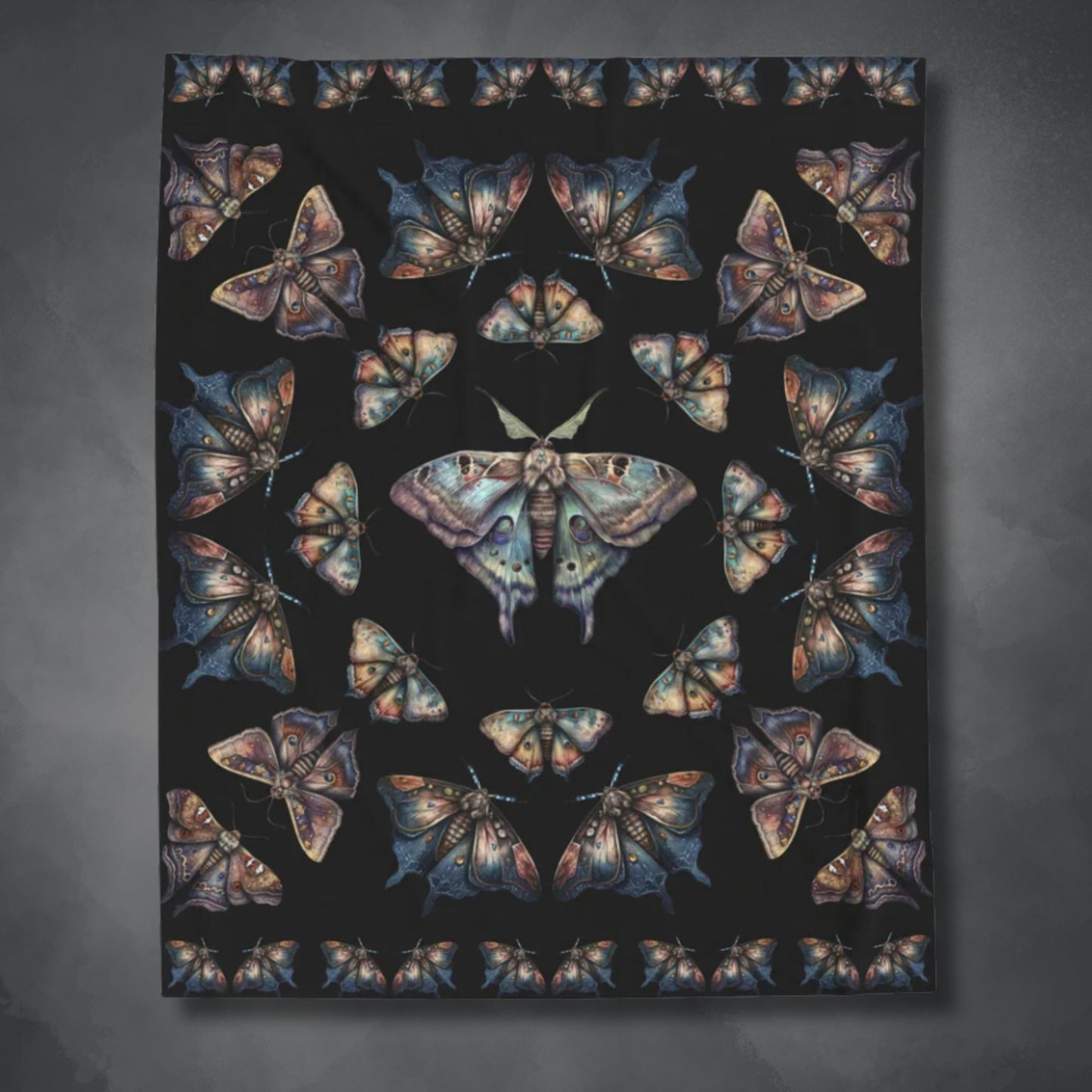 Lunar Moths on Black Velveteen Blanket | Plush Throw Blanket | Themed Home Decor | "Intuition"