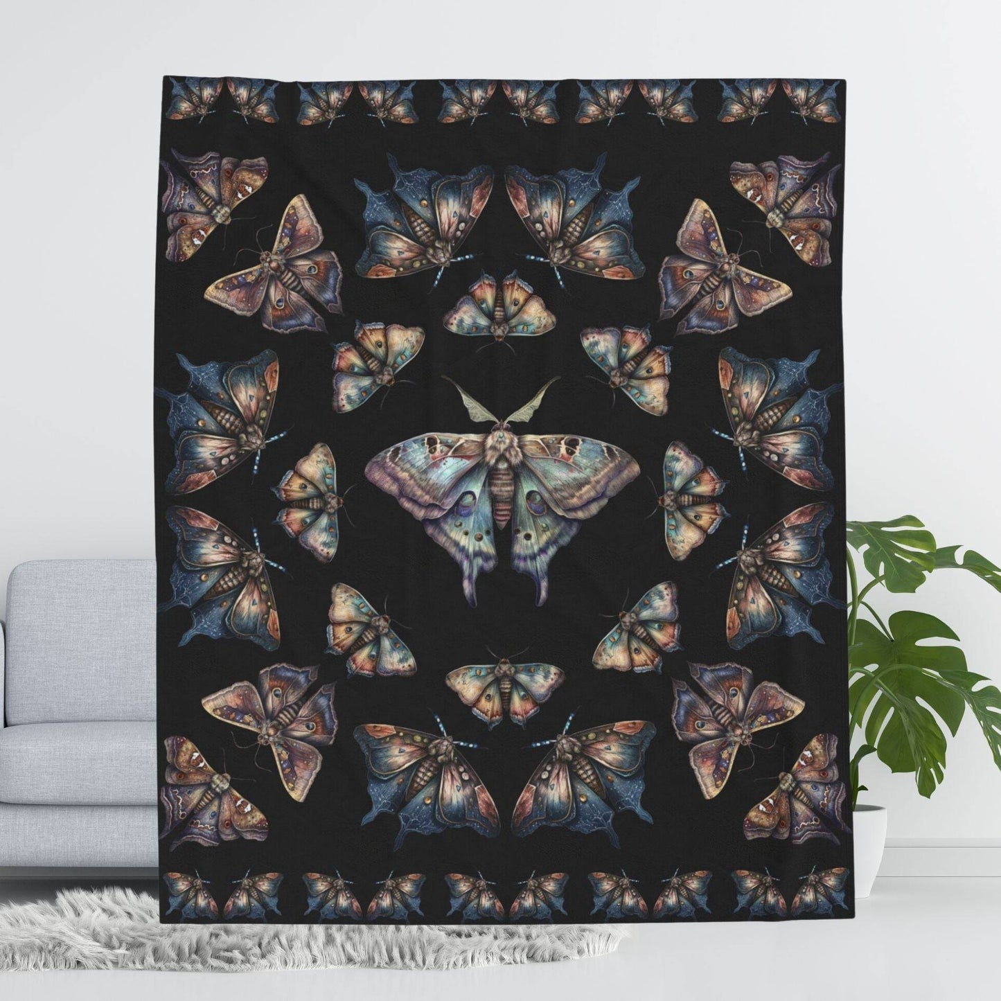 Lunar Moths on Black Velveteen Blanket | Plush Throw Blanket | Themed Home Decor | "Intuition"