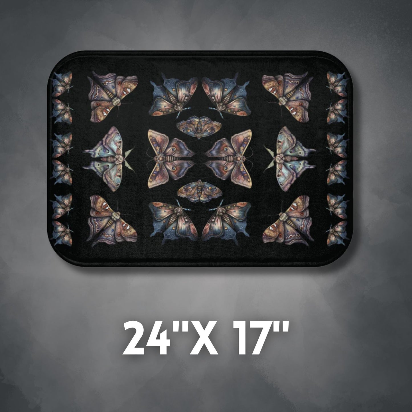 Lunar Moths on Black Bath Mat | Unique Stylish Bathroom Rug | Themed Bath Decor | "Intuition"