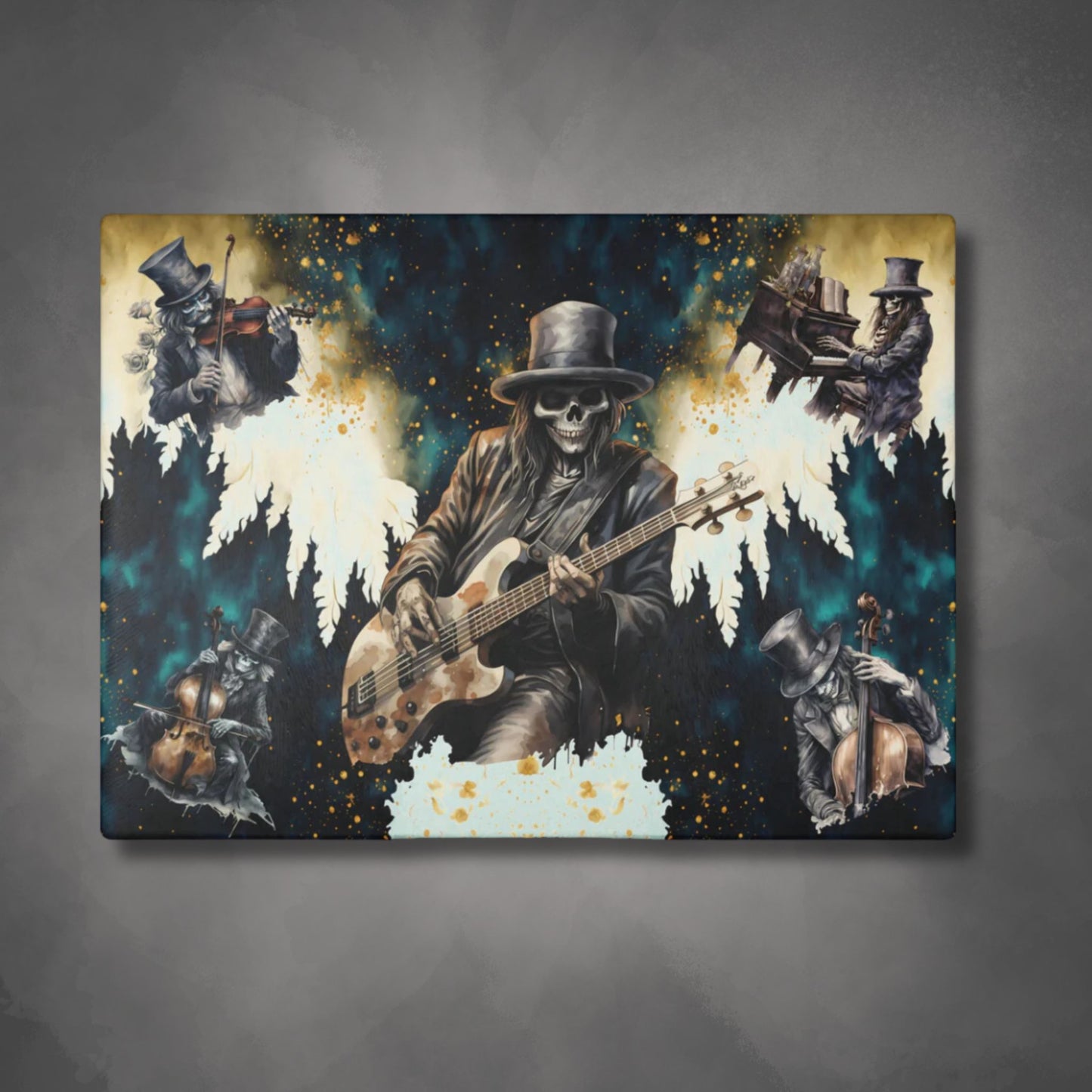 Skeleton Rock Band Glass Cutting Board | Ghostly Music Kitchen Decor | Rock & Roll Death Themed Home Accents | "Music Man"