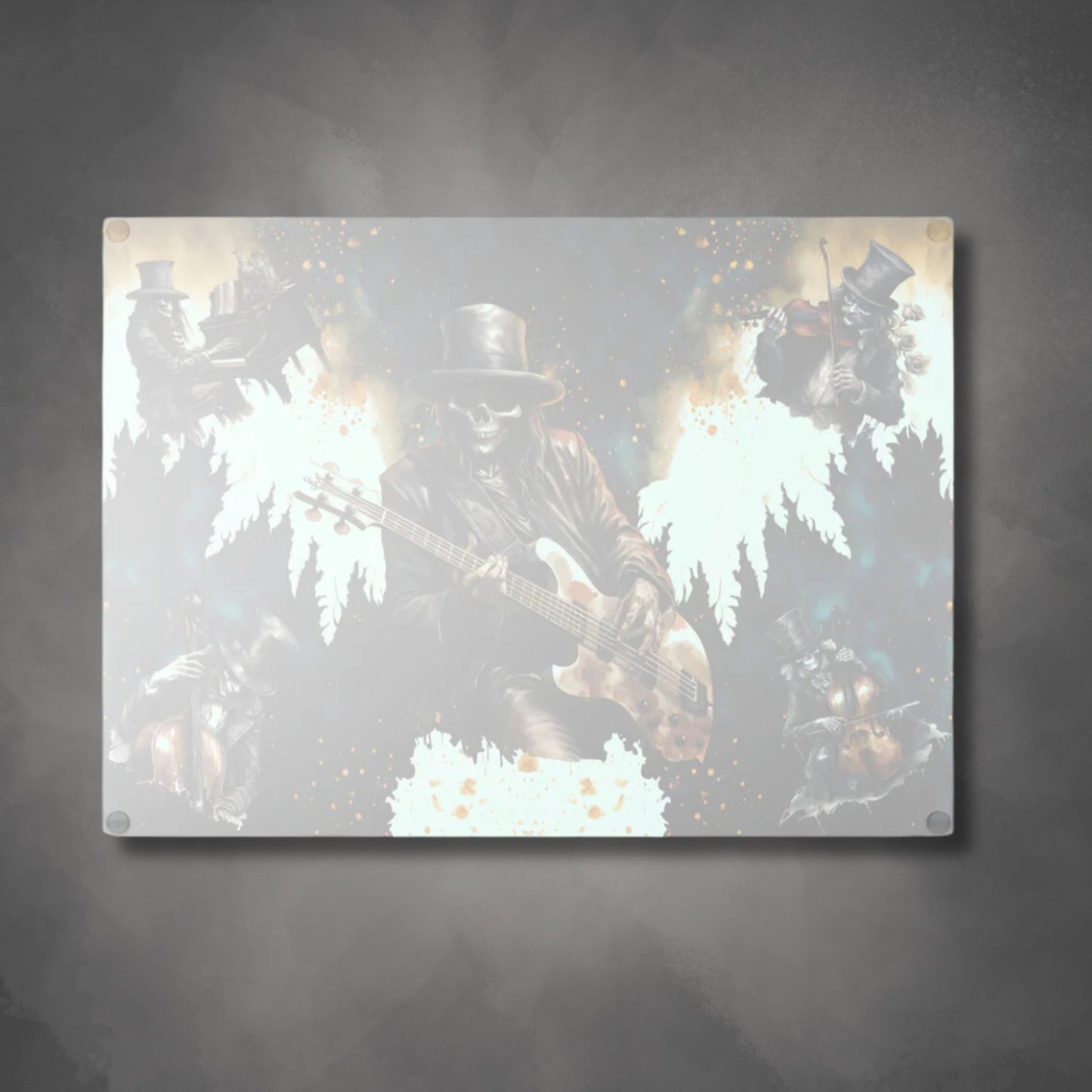Skeleton Rock Band Glass Cutting Board | Ghostly Music Kitchen Decor | Rock & Roll Death Themed Home Accents | "Music Man"