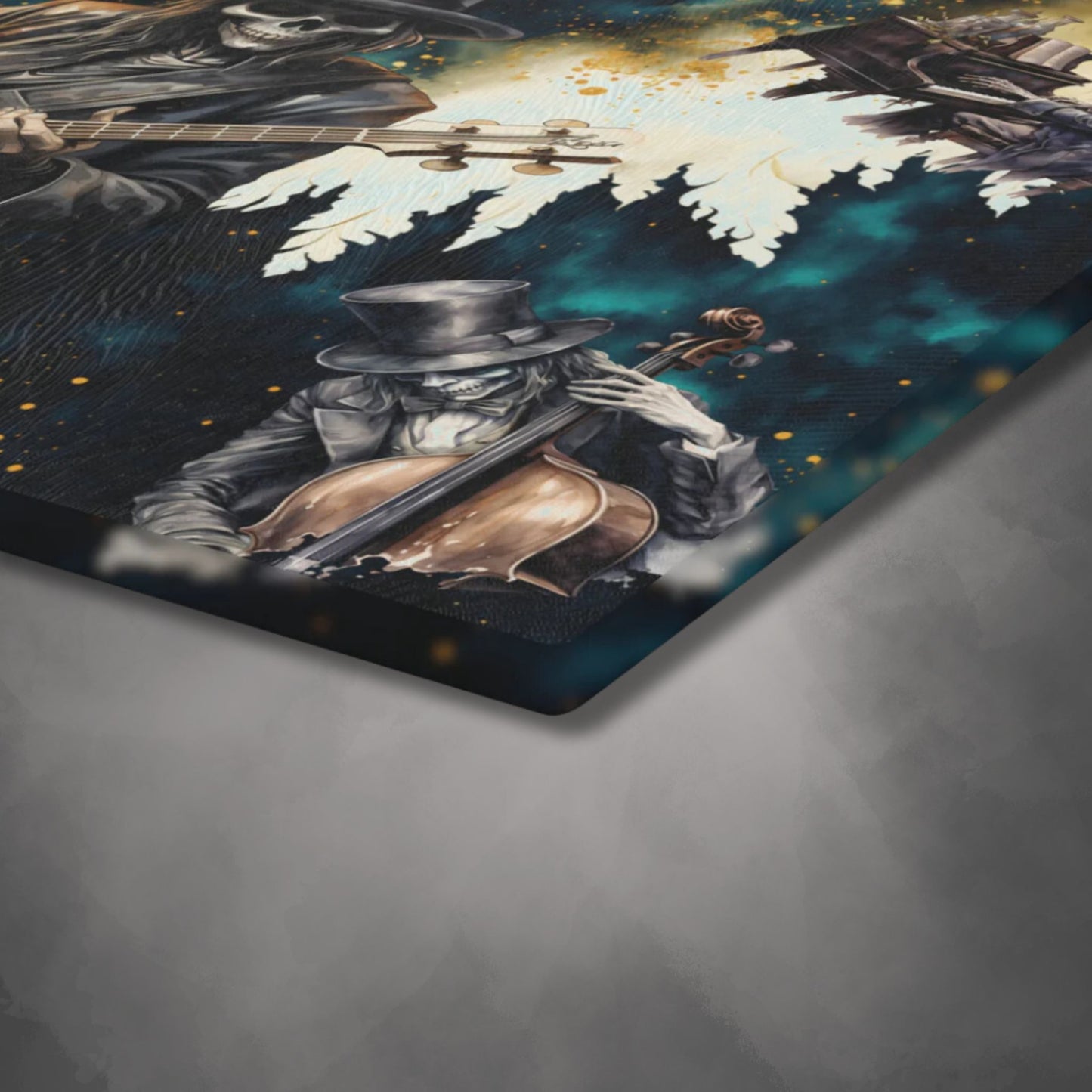 Skeleton Rock Band Glass Cutting Board | Ghostly Music Kitchen Decor | Rock & Roll Death Themed Home Accents | "Music Man"