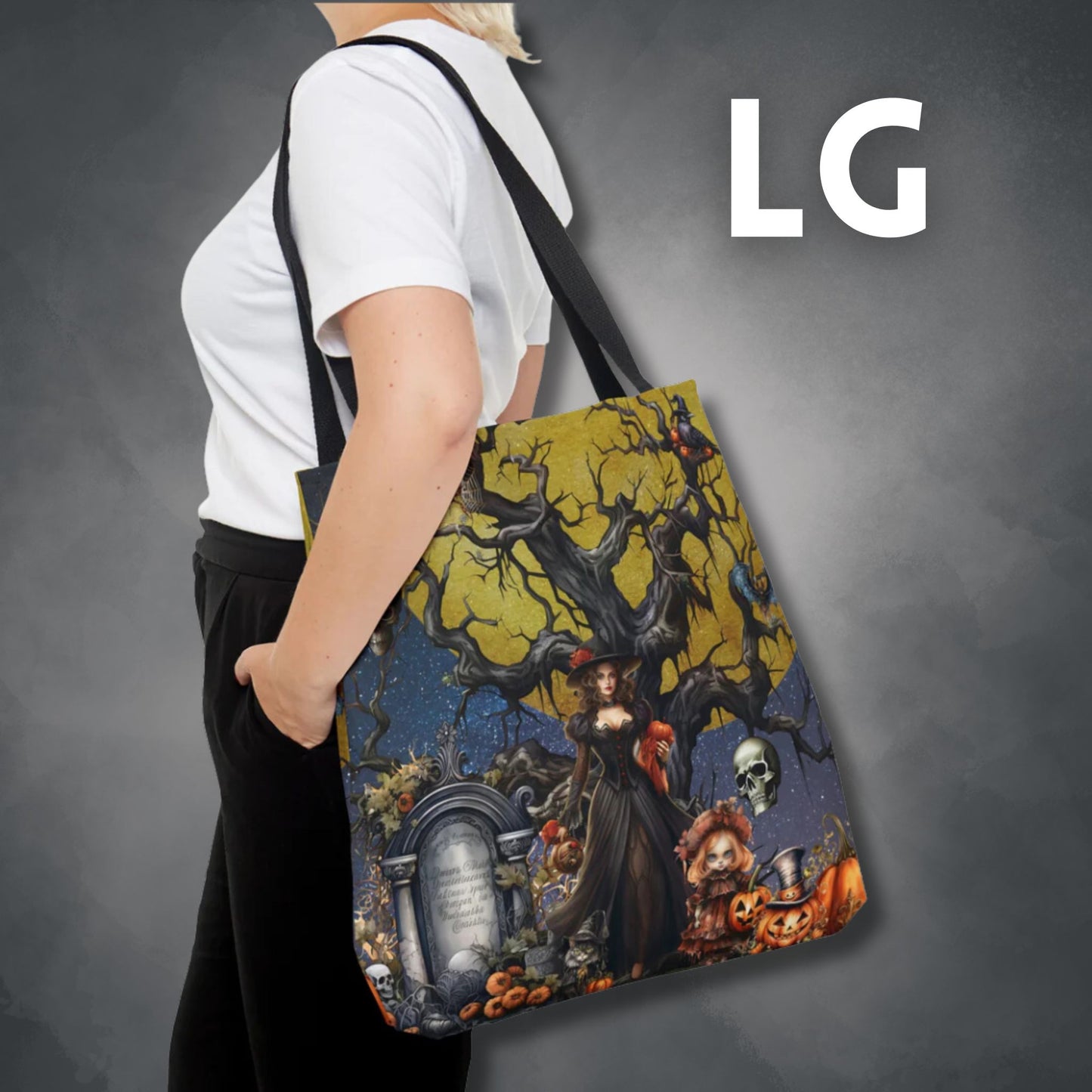 Autumn Fall Gothic Tote Bag | Witch Cemetery Skulls Little Girl Shopping Bag | Dark Scary Themed Accessories | "Autumn Moon"