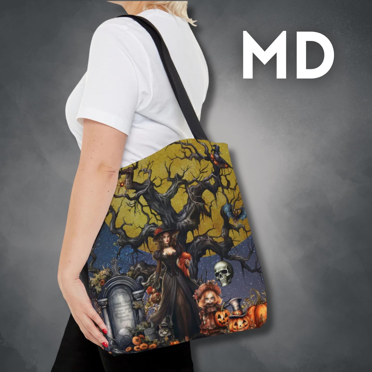Autumn Fall Gothic Tote Bag | Witch Cemetery Skulls Little Girl Shopping Bag | Dark Scary Themed Accessories | "Autumn Moon"