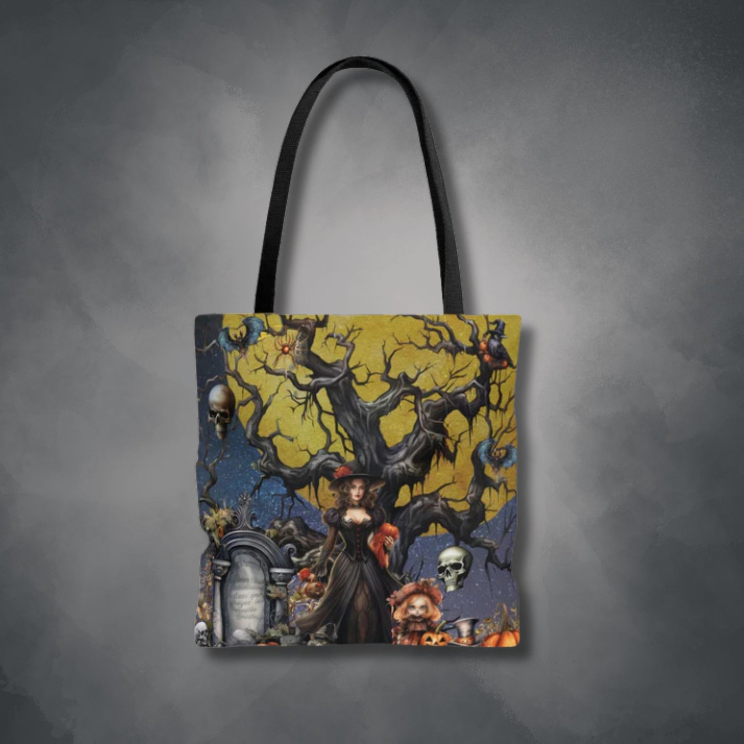 Autumn Fall Gothic Tote Bag | Witch Cemetery Skulls Little Girl Shopping Bag | Dark Scary Themed Accessories | "Autumn Moon"