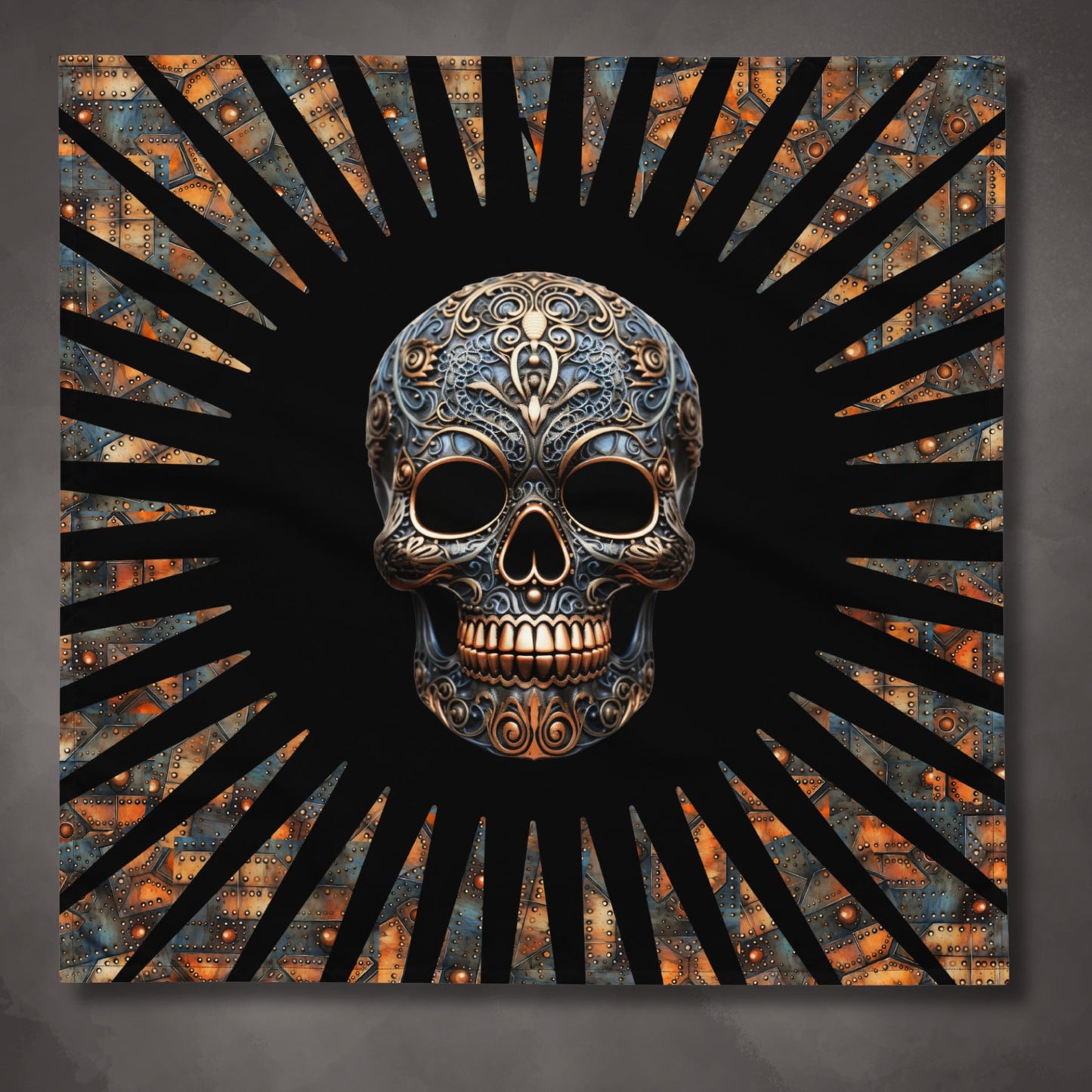 Steampunk Metal Skull on Black Altar Cloth | Horror Steampunk Style Tarot Cloth | Skull Themed | "Steel Sardonicism"