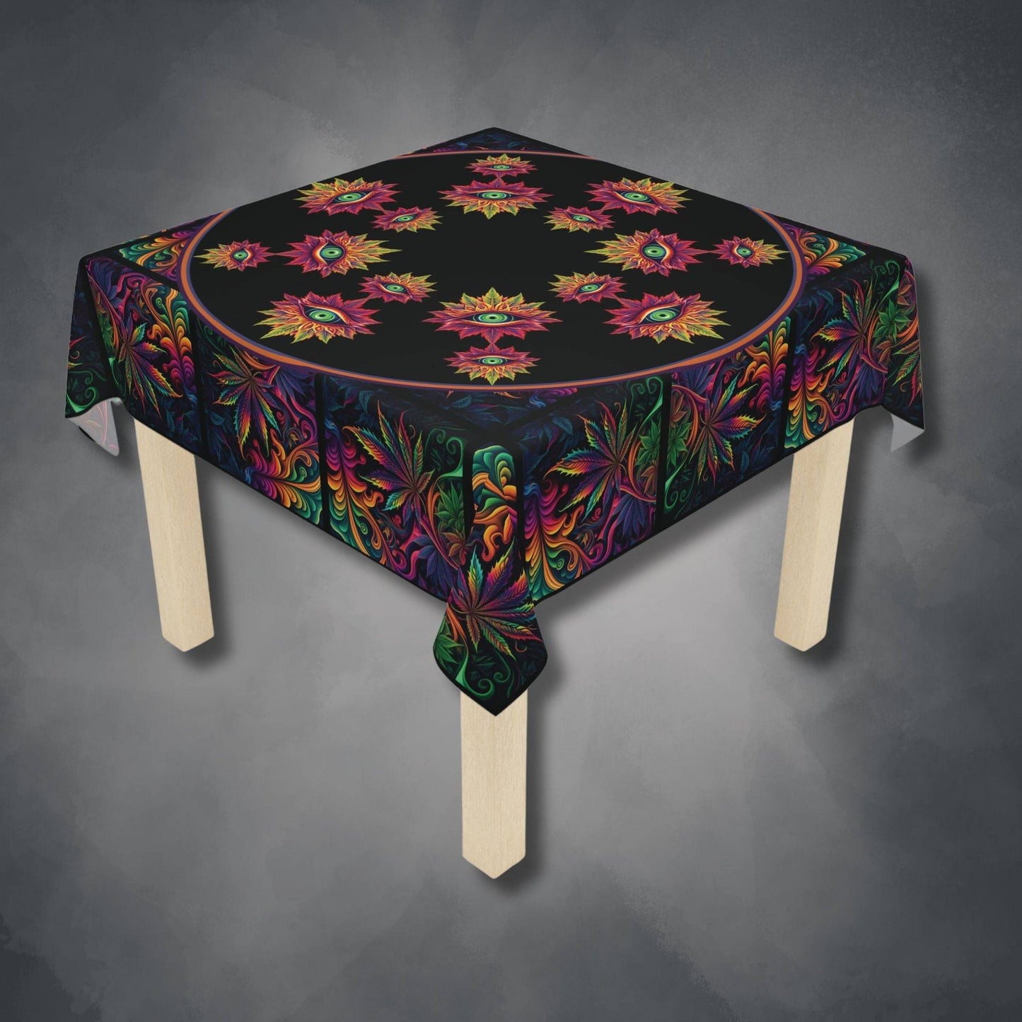 Cannabis with Eyes on Black Tablecloth | Herbal Enlightenment Psychedelic Style Table Cover | Weed Themed Home Decor | "Third Eye"