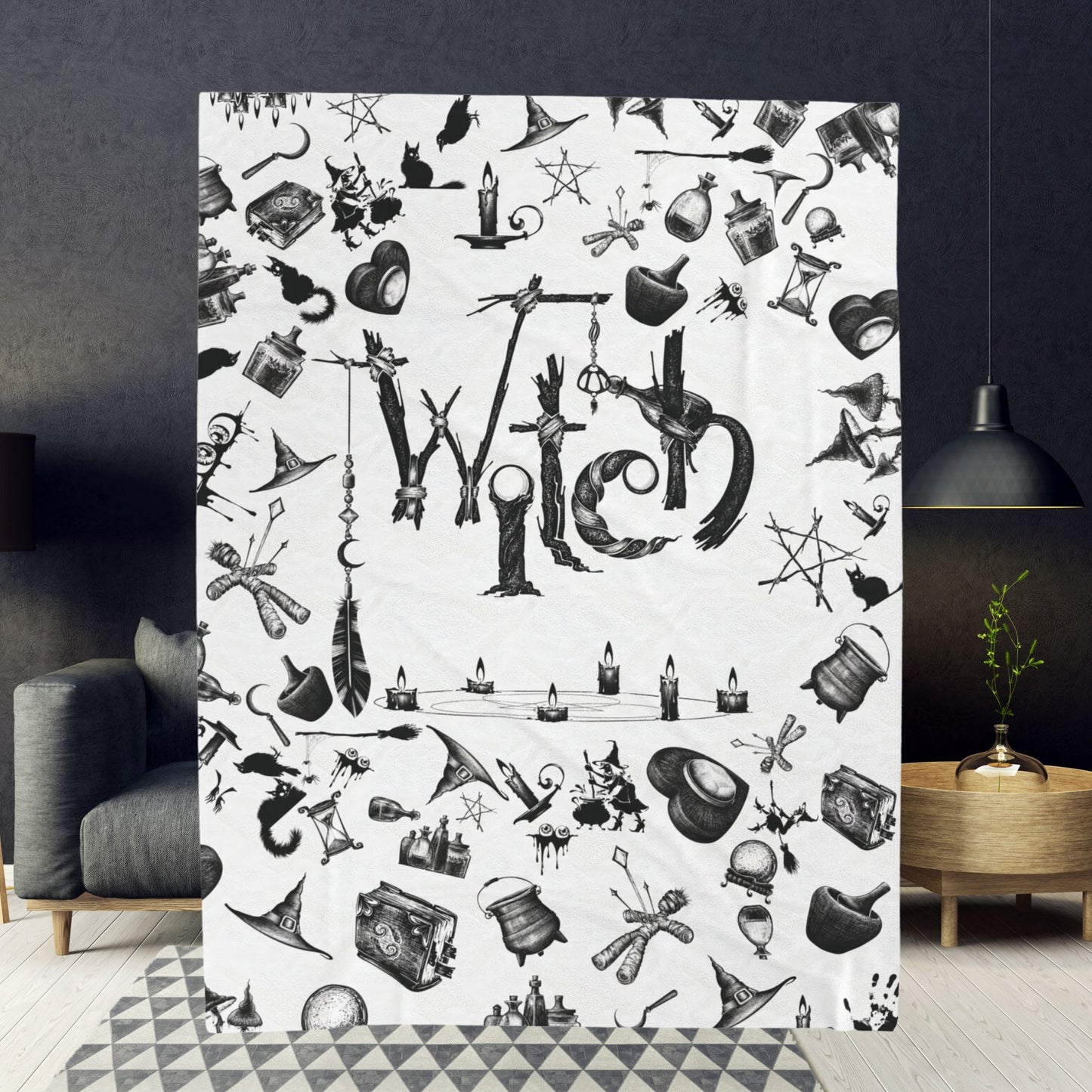 Witchy Pattern Style Velveteen Blanket | Witch Symbols Plush Throw Blanket | Witchcraft Themed Home Decor | "Twisted Witch"