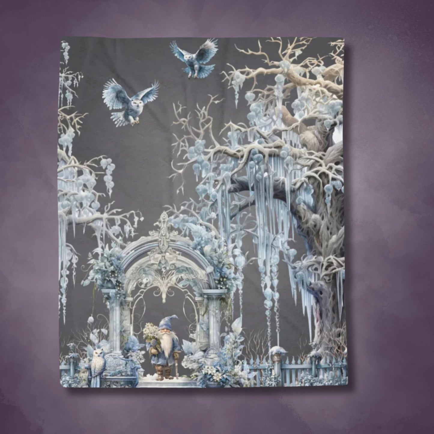 Owls and Wizard Winter Forest Velveteen Blanket | Plush Throw Blanket | Fantasy Themed Home Decor | "Winter Dreams"