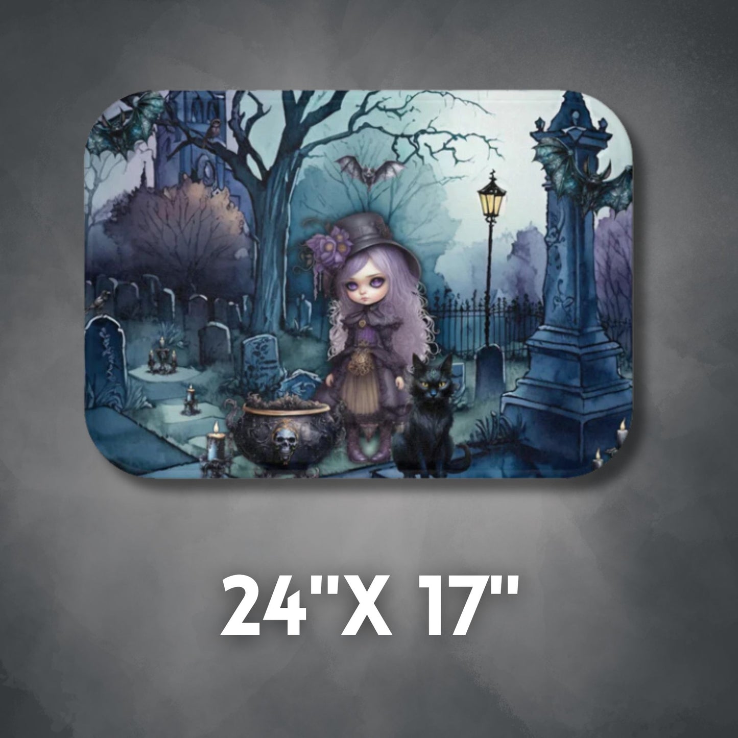 Dark Spooky Bath Mat | Witch Cemetery Black Cat Bathroom Rug | Dark Scary Themed Bath Decor | "Witch Amongst the Dead"