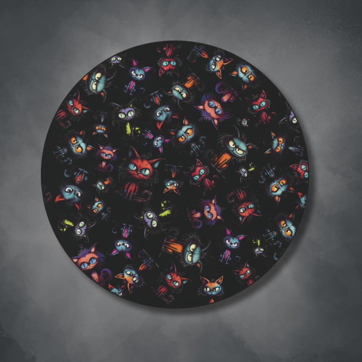 Scary Cartoon Style Cat Round Accent Rug | Spooky Kitties Area Rug | Cat Art Themed Home Decor | "Feline Combine"