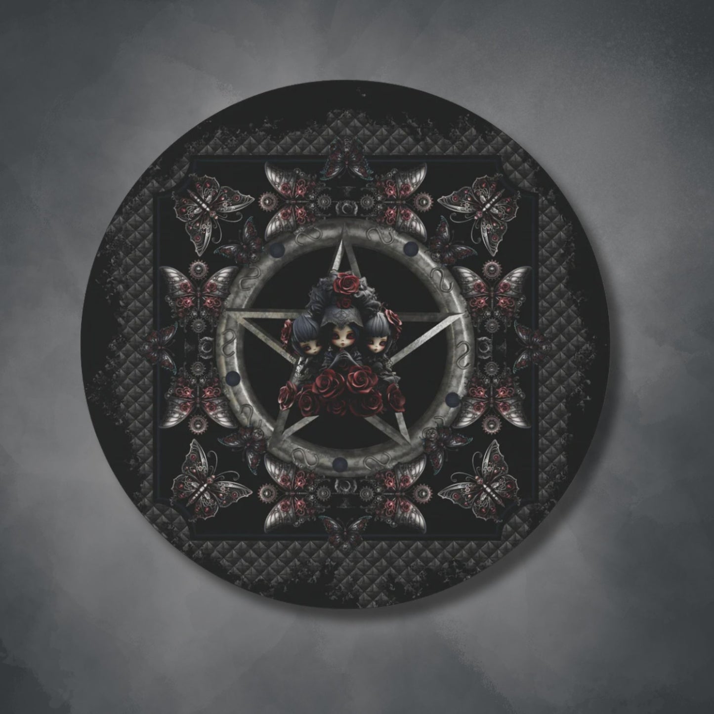 Dark Gothic Steampunk Style Round Accent Rug | Steel Metal Roses Butterflies Area Rug | Dark Goth Themed Home Decor | "Heavy Metal"