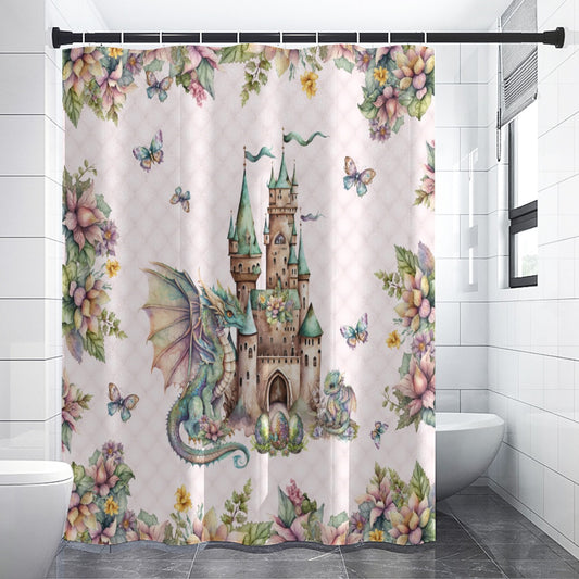 Pink Tuft Flowery Dragons Shower Curtain | Fairy Fantasy Style Bathroom | Dragons & Fairies Themed Bath Decor | "Fairy Dragon Manor"