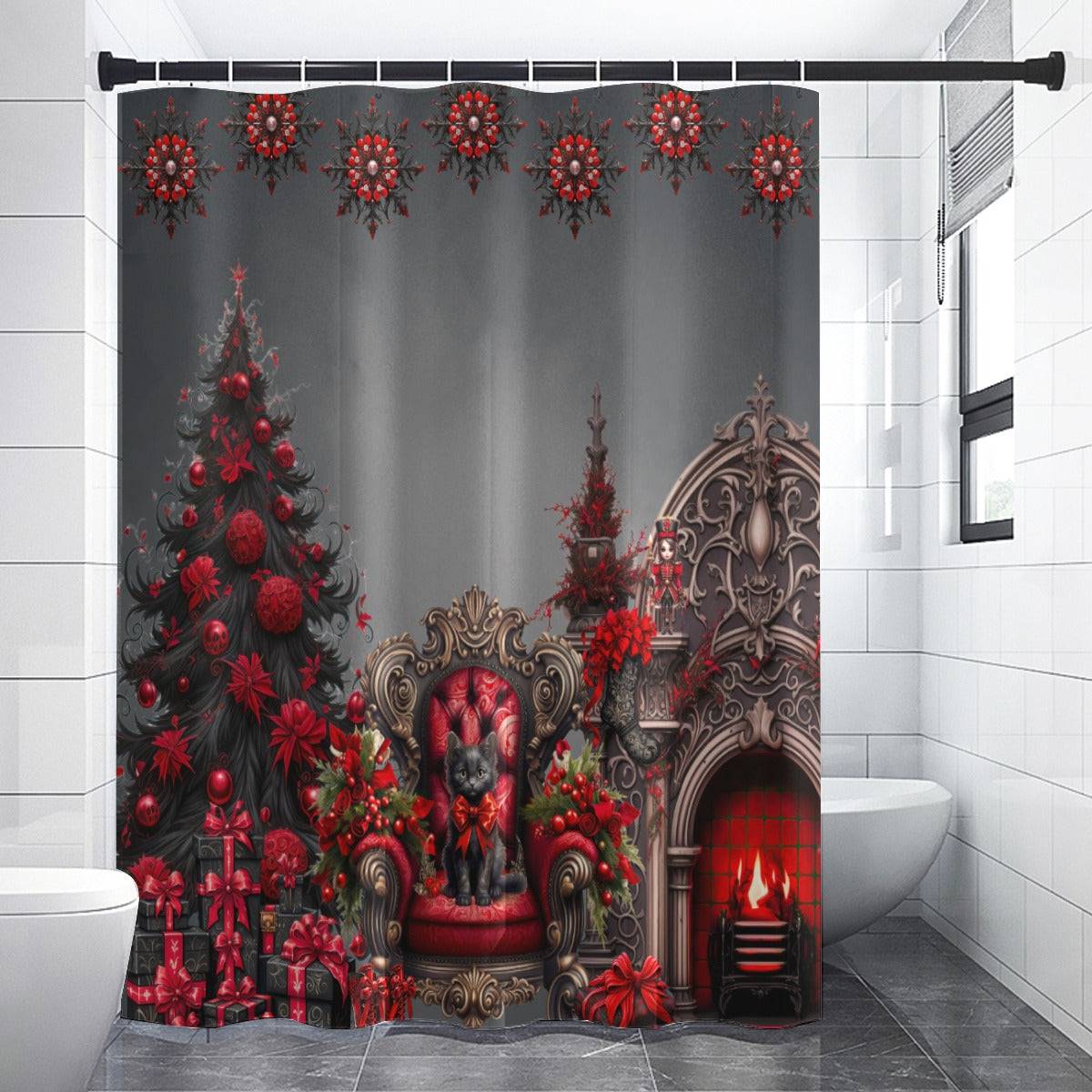 Black and Red Christmas Shower Curtain | Black Cat Soldier Fireplace Bathroom Decor | Dark Goth Themed Holiday Bath Decor | "A Gothic Christmas"