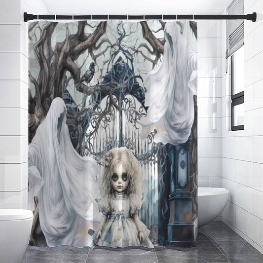 Spooky Gothic Shower Curtain | Ghosts Cemetery Scary Little Girl Bathroom | Dark Scary Themed Bath Decor | "Let's Play"