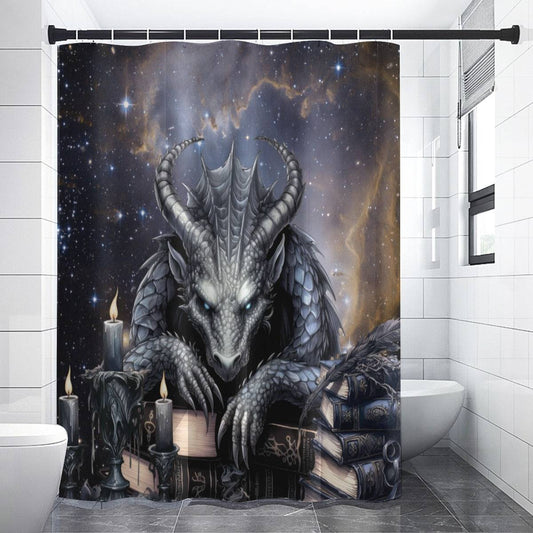 Ethereal Fantasy Style Shower Curtain | Black Gargoyle Starry Sky Bathroom | Supernatural Themed Bath Decor | "Knowledge is Power"