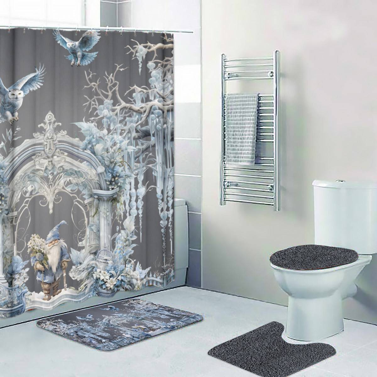 Owls and Wizard Winter Forest Bath Mat | Stylish Bathroom Rug | Fantasy Themed Bathroom Decor | "Winter Dreams"