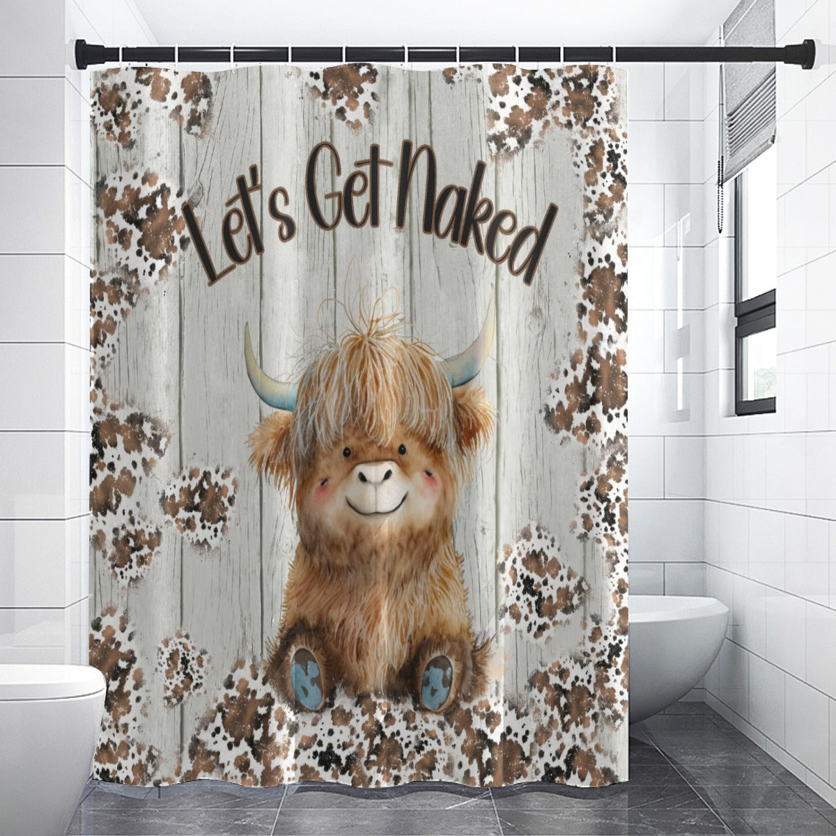 Rustic Farmhouse Shower Curtain | Highland Cow Woodprint Bathroom | Cow Themed Bath Decor | "Highland Nudity"