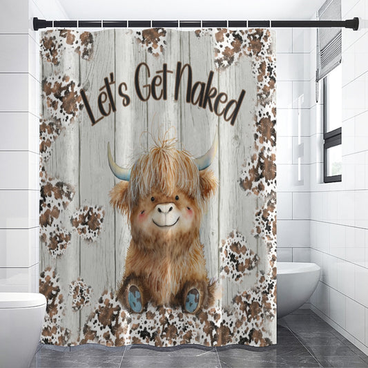 Rustic Farmhouse Shower Curtain | Highland Cow Woodprint Bathroom | Cow Themed Bath Decor | "Highland Nudity"