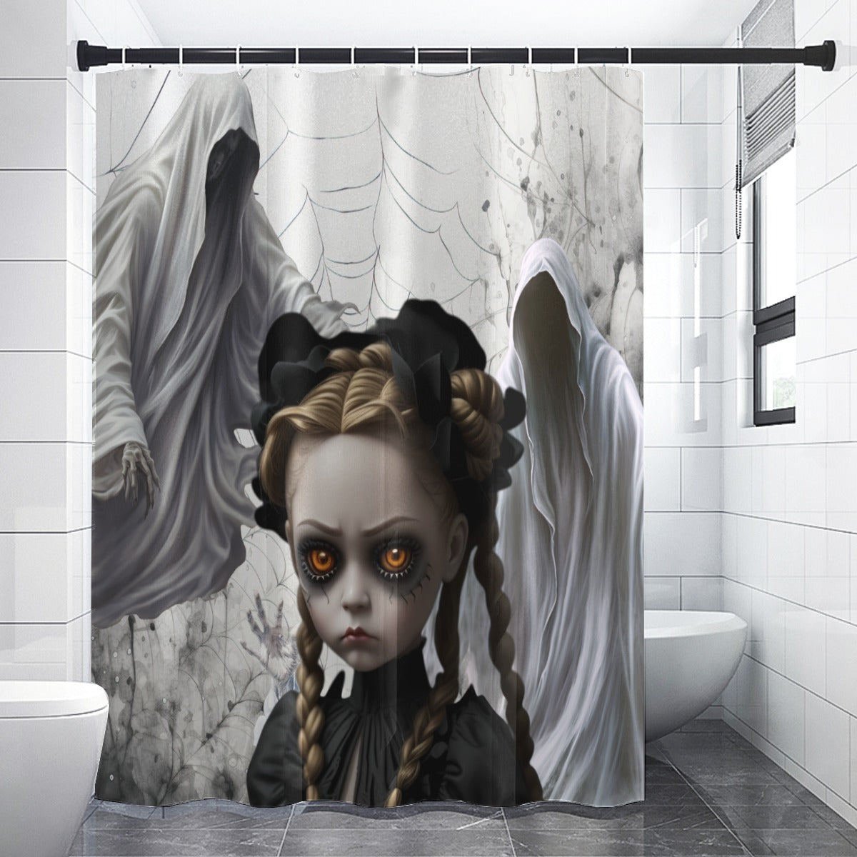 Dark Haunted Shower Curtain | Scary Girl Spirits Spiderwebs Bathroom | Dark Scary Themed Bath Decor | "The Soul Seeker"