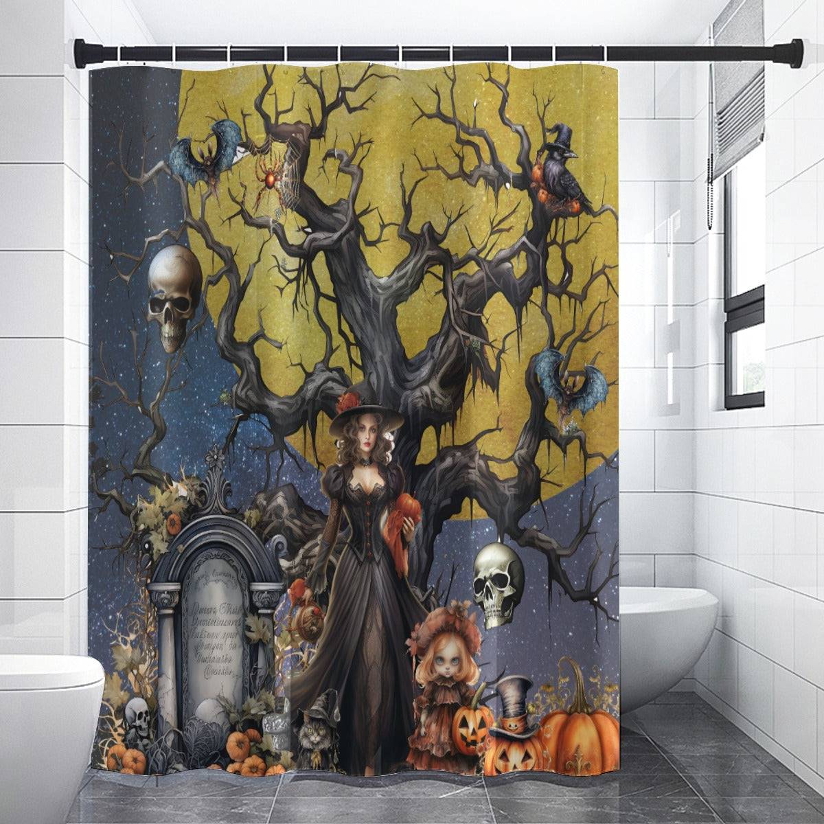 Autumn Fall Gothic Shower Curtain | Witch Cemetery Skulls Little Girl Bathroom | Dark Scary Themed Bath Decor | "Autumn Moon"