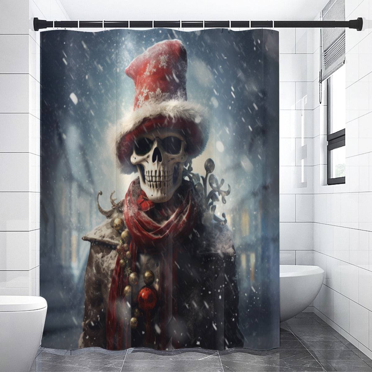 Horror Style Christmas Shower Curtain | Skeleton in a Snowstorm Bathroom Decor | Dark Scary Themed Holiday Bath Decor | "The Bone Chiller"