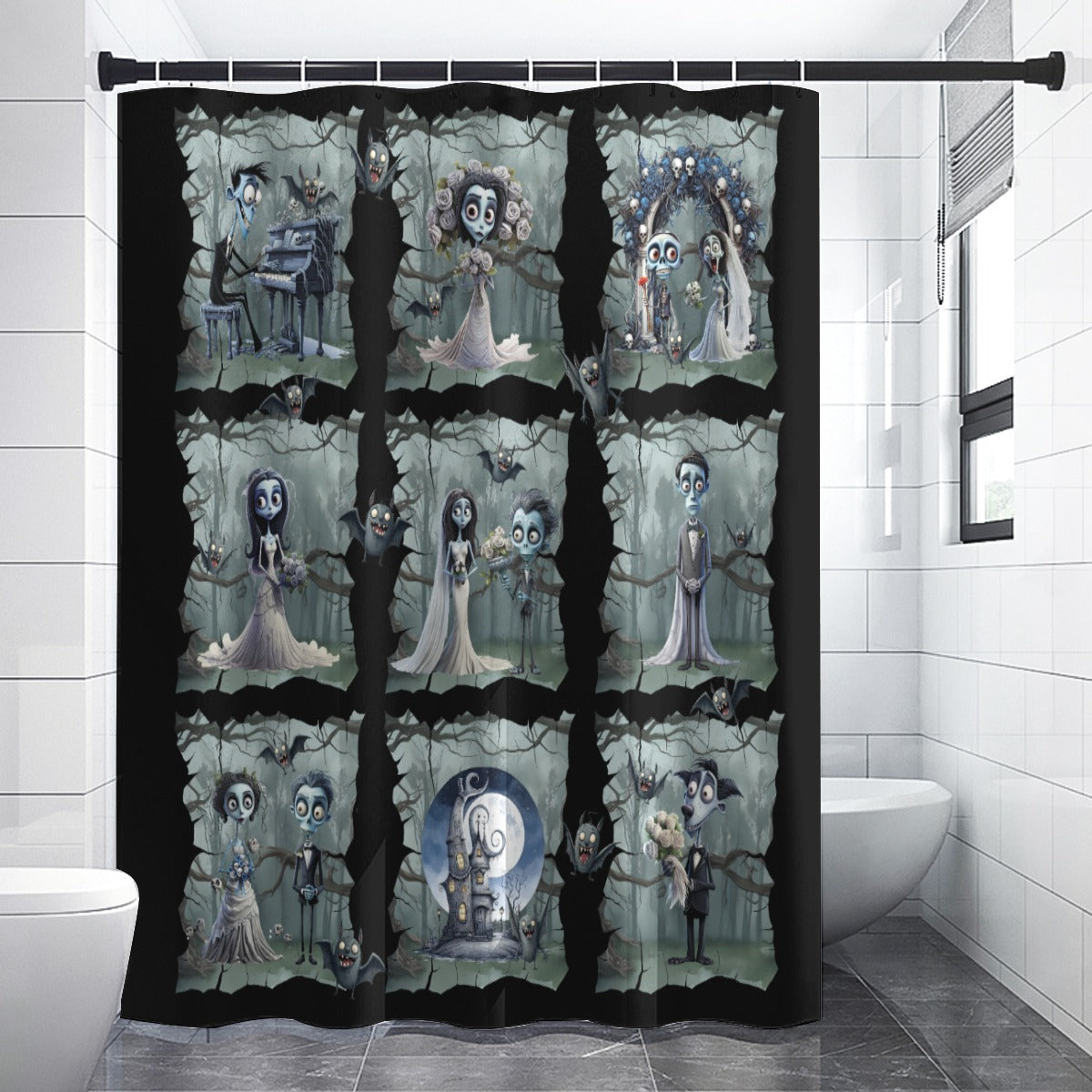 Goth Cartoon Married Couple Shower Curtain | Zombie Wedding in the Woods Bathroom | Cartoon Horror Themed Bath Decor | "Undead & Wedded"