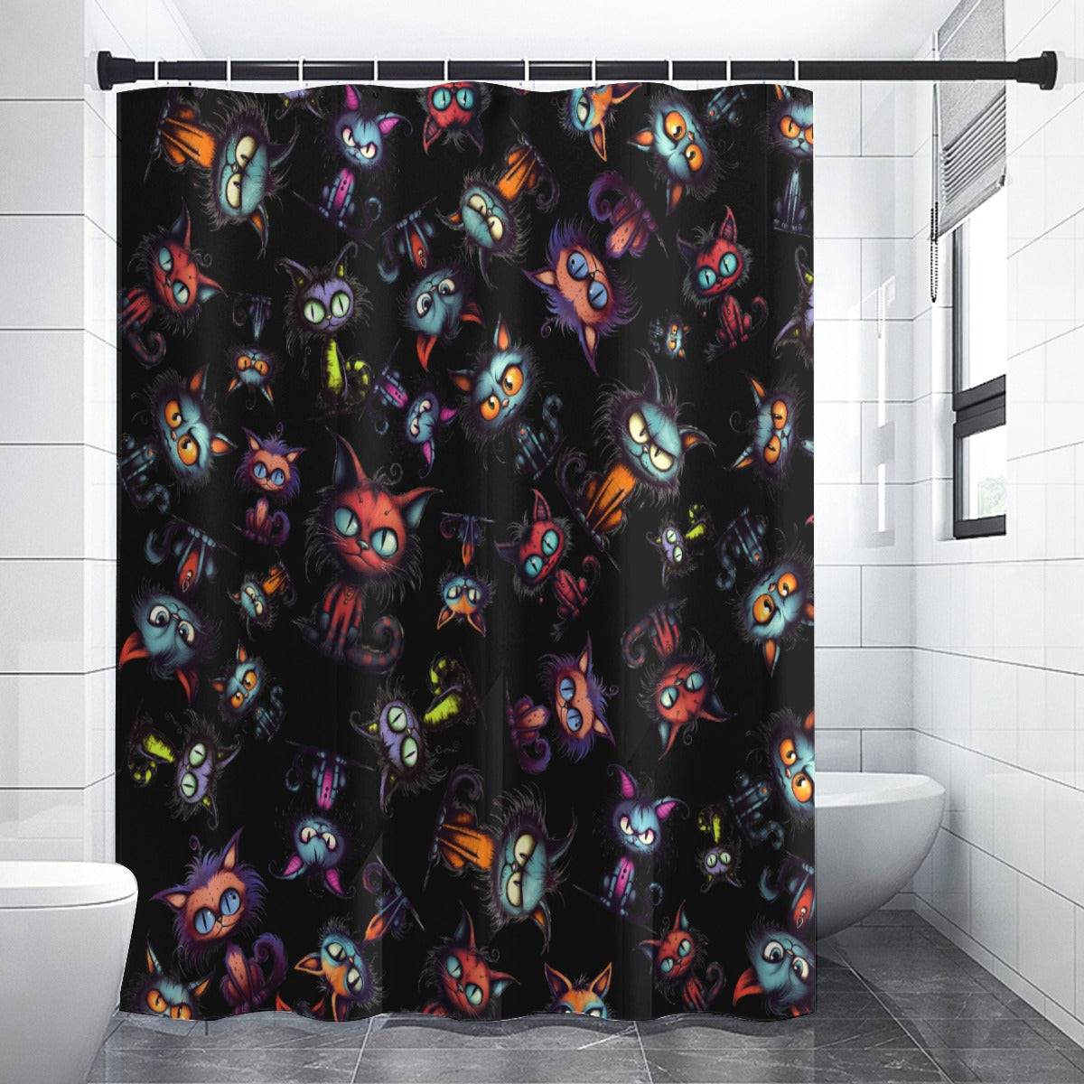 Scary Cartoon Style Cat Shower Curtain | Spooky Kitties Bathroom | Cat Art Themed Bath Decor | "Feline Combine"