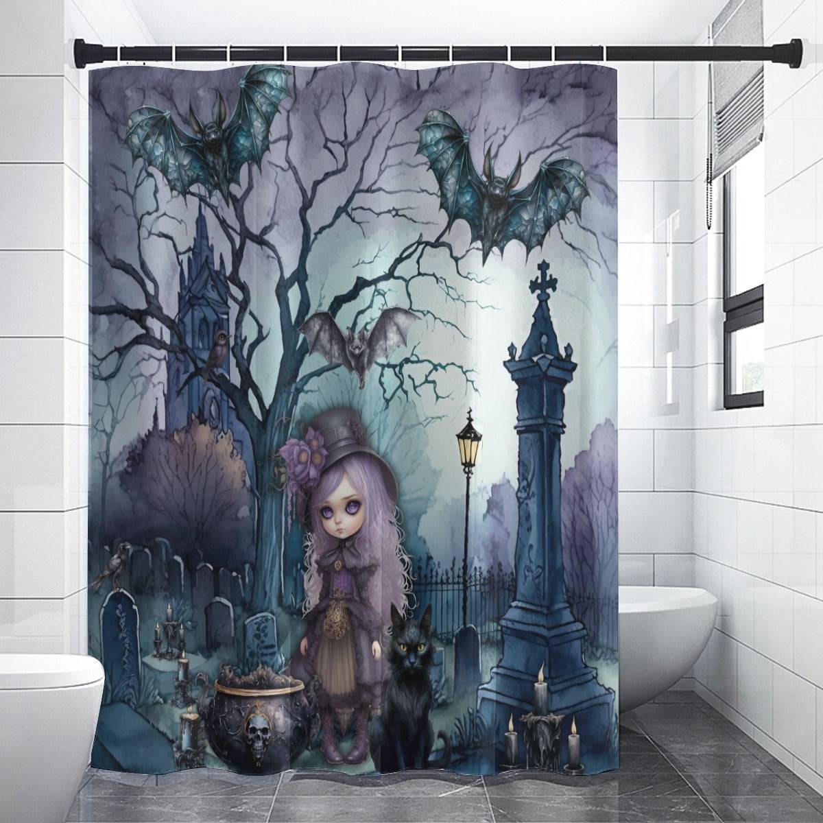 Dark Spooky Shower Curtain | Witch Cemetery Black Cat Bathroom | Dark Scary Themed Bath Decor | "Witch Amongst the Dead"