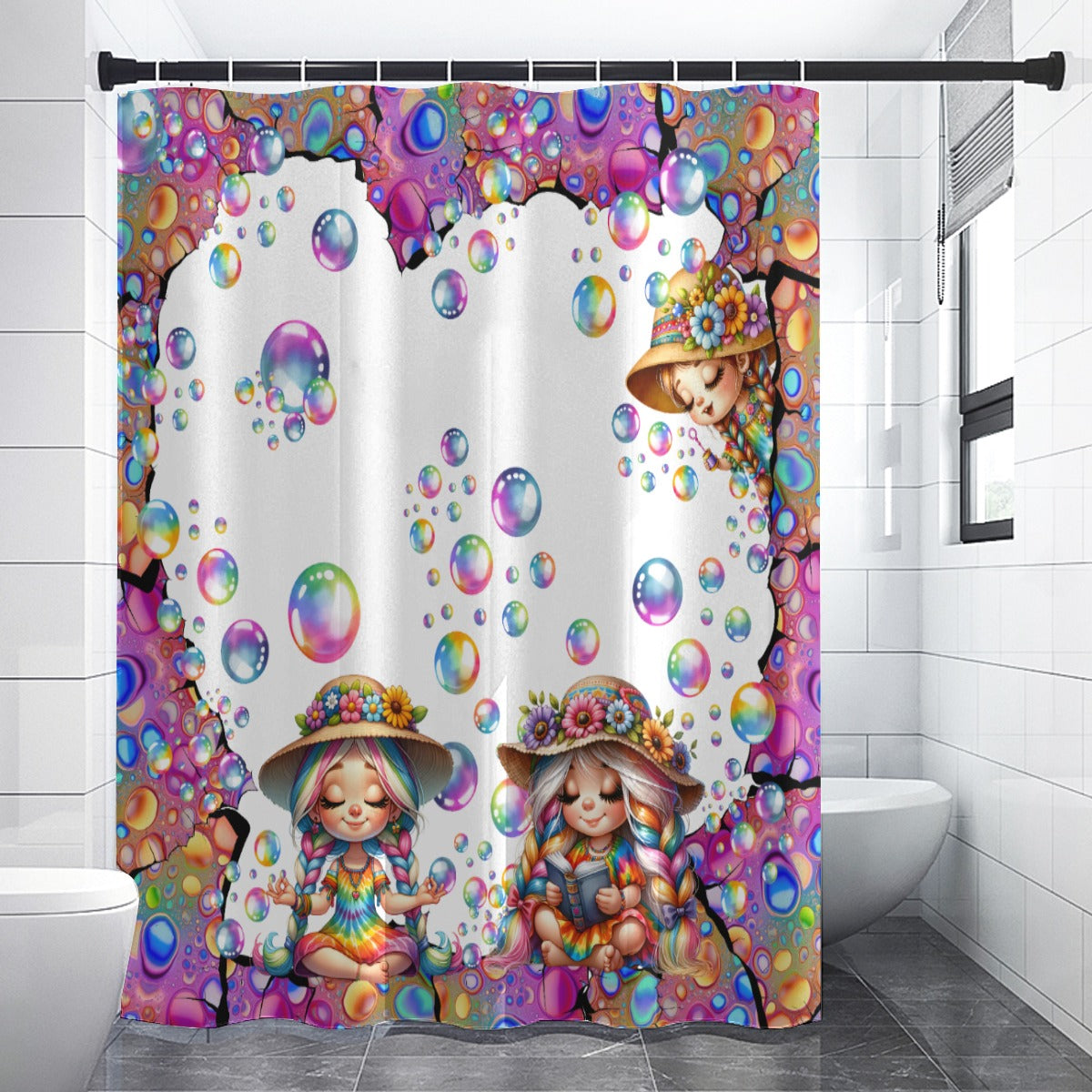 Colorful Bubbly Bright Shower Curtain | Positive Happy Feelings Bathroom | Good Vibes Themed Bath Decor | "High Vibes"