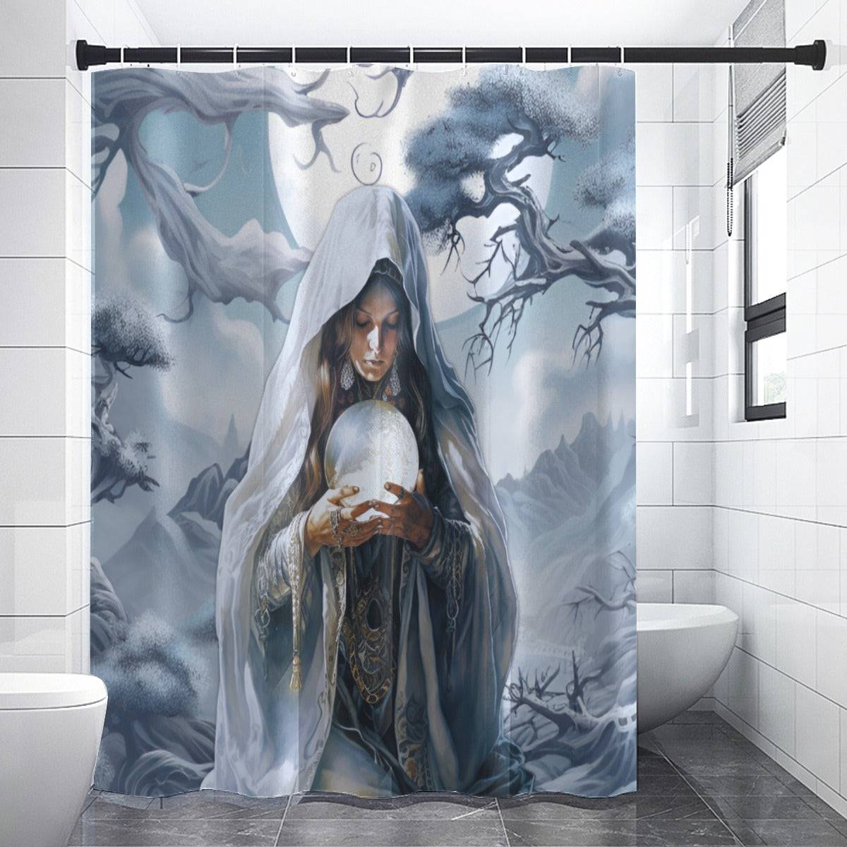 Eclectic Shower Curtain | Dark Setting Fortune Teller Crystal Ball Bathroom | Ethereal Themed Bath Decor | "Visions"