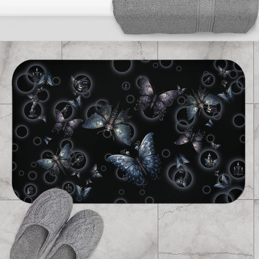 Gothic Moths Bath Mat | Candles Moths Dark Bathroom Rug | Moth Themed Bath Decor | "Moths in the Night"