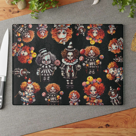 Scary Clowns Glass Cutting Board | Spooky Clown Kids Kitchen Decor | Horror Themed Home Accents | "Want Some Candy?"