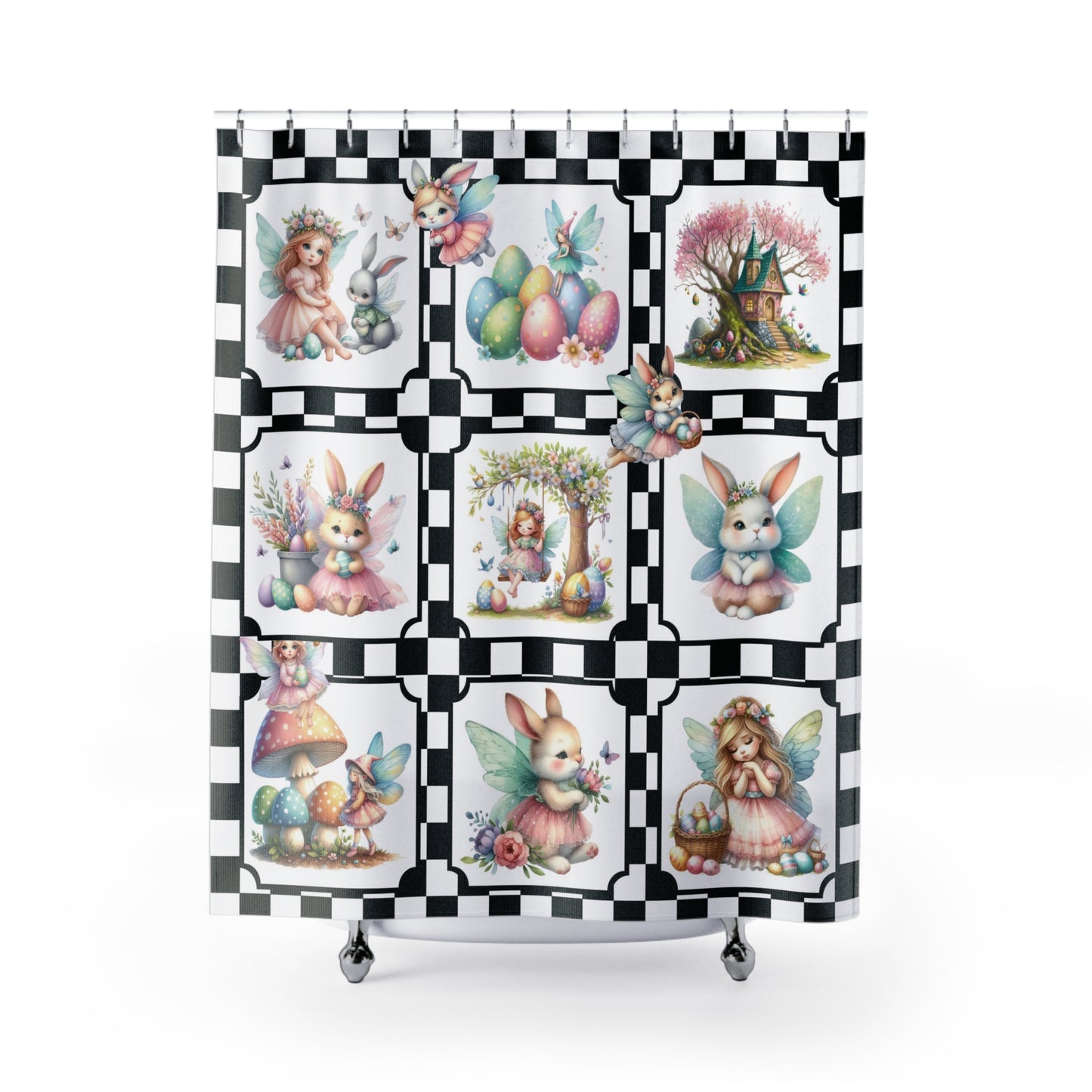 Gingham Check Spring Easter Shower Curtain | Farmhouse Fairy Style Bathroom | Bunnies & Fairies Themed Bath Decor | "Easter Fairies"