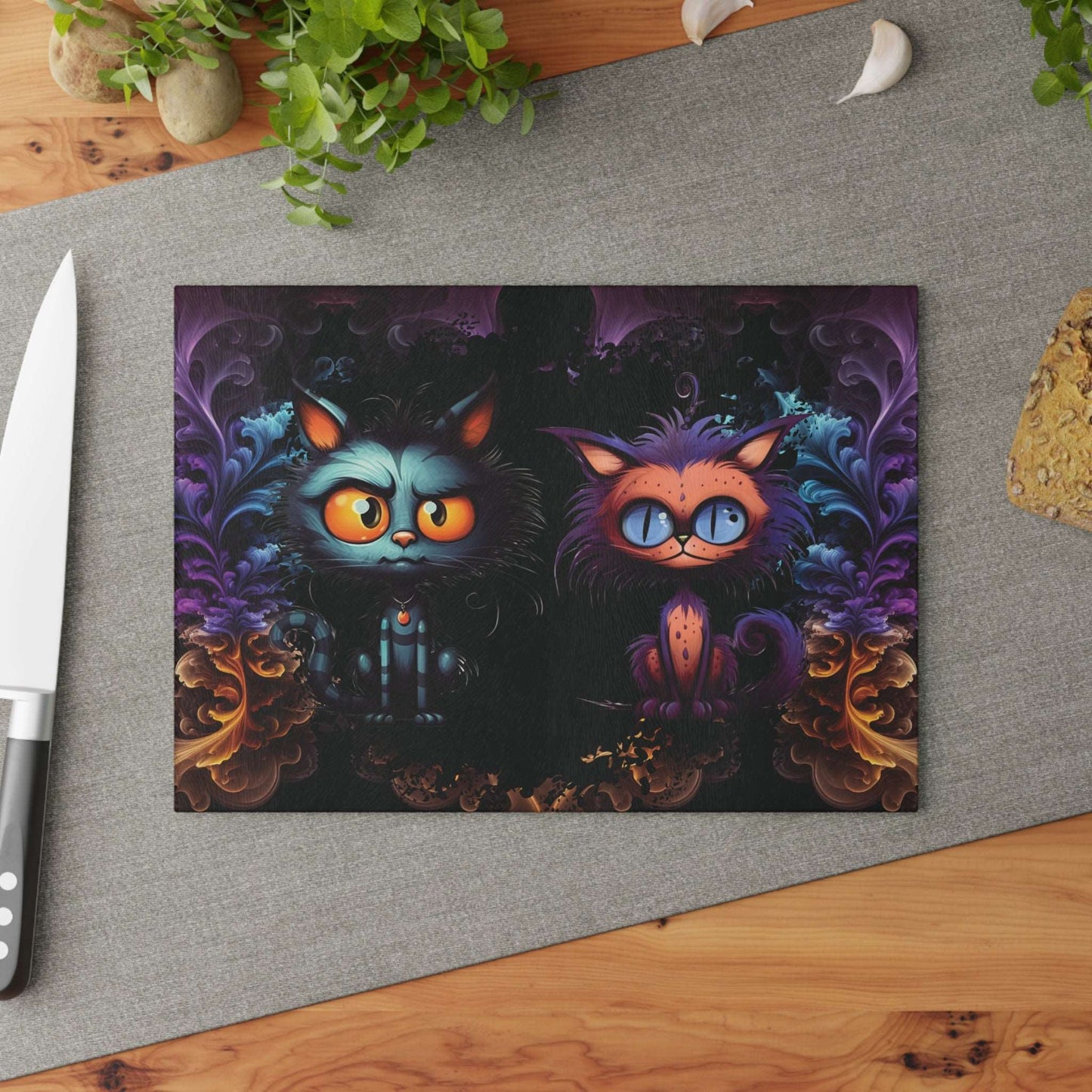 Scary Cartoon Style Cat Glass Cutting Board | Spooky Kitties Kitchen Decor | Cat Art Themed Home Accents | "Feline Combine"