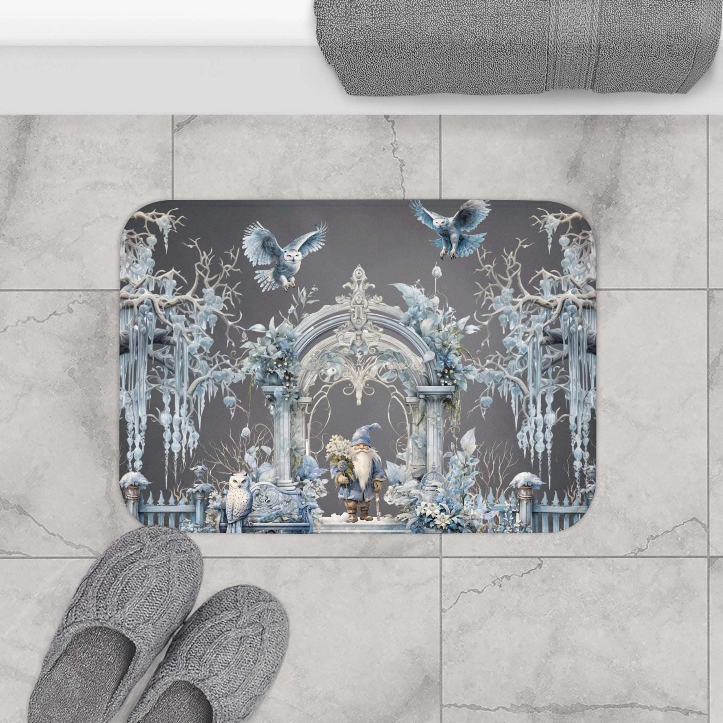 Owls and Wizard Winter Forest Bath Mat | Stylish Bathroom Rug | Fantasy Themed Bathroom Decor | "Winter Dreams"