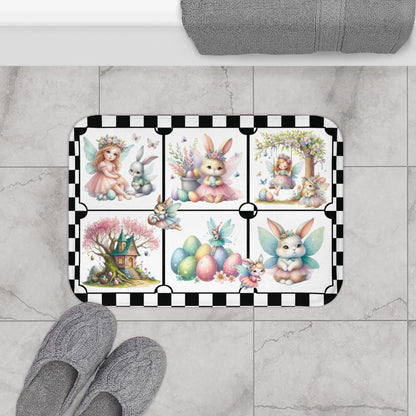 Gingham Check Spring Easter Bath Mat | Farmhouse Fairy Style Bathroom Rug | Bunnies & Fairies Themed Bath Decor | "Easter Fairies"