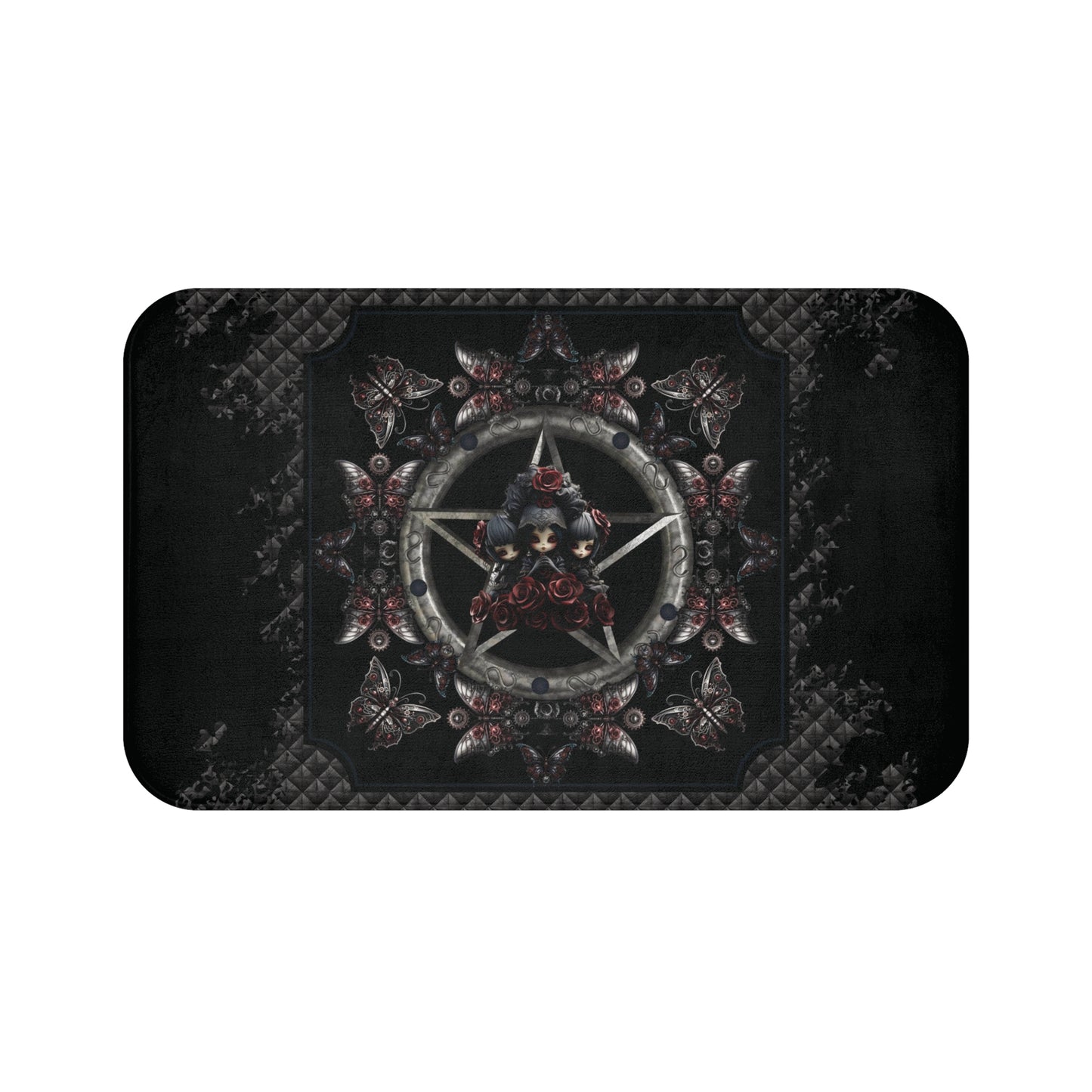 Dark Gothic Steampunk Bath Mat | Steel Metal Roses Butterflies Bathroom Rug | Dark Goth Themed Bath Decor | "Heavy Metal"