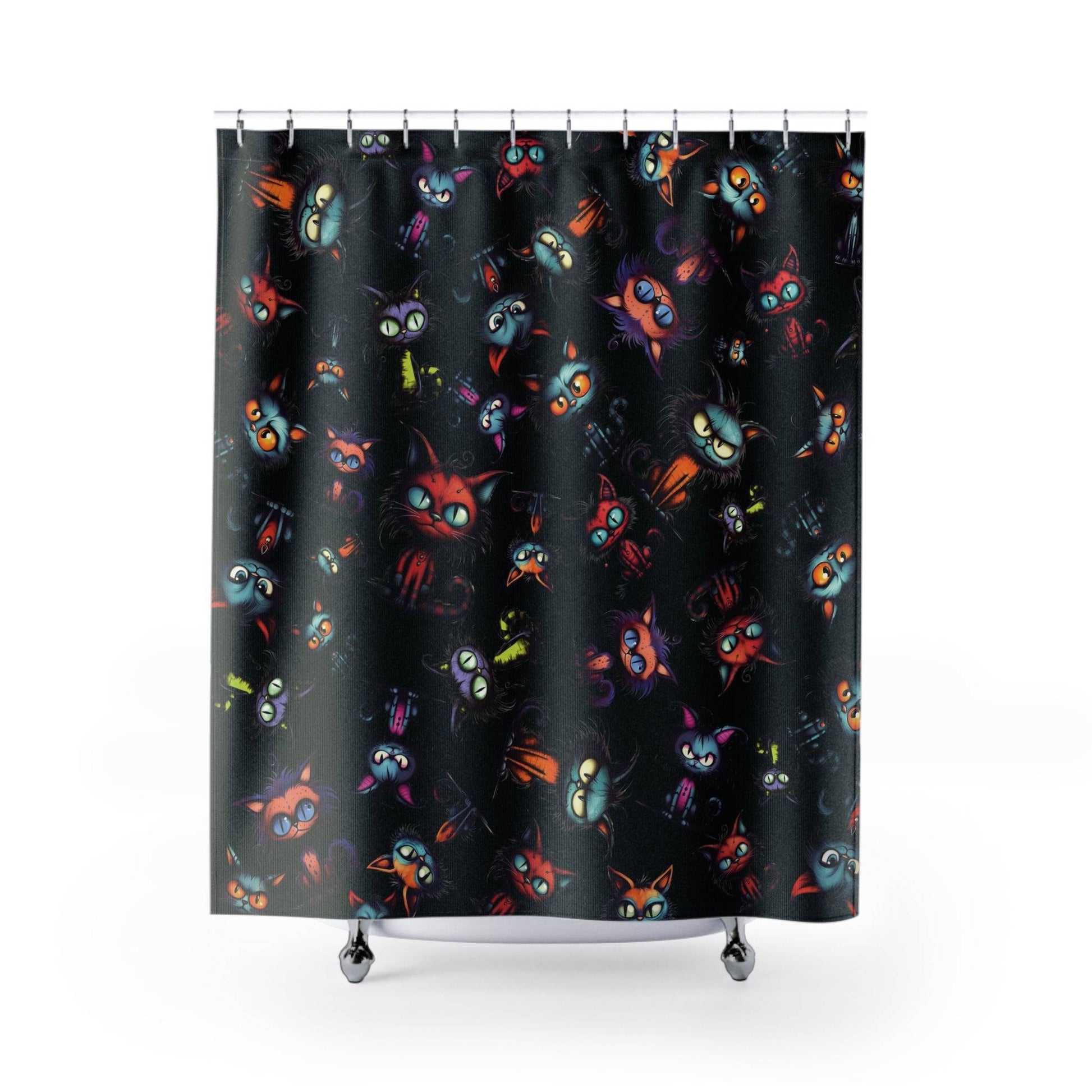 Scary Cartoon Style Cat Shower Curtain | Spooky Kitties Bathroom | Cat Art Themed Bath Decor | "Feline Combine"