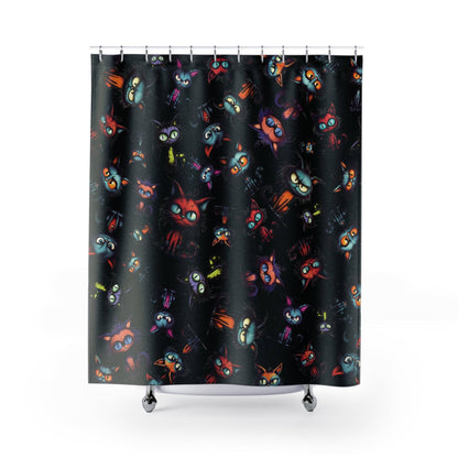 Scary Cartoon Style Cat Shower Curtain | Spooky Kitties Bathroom | Cat Art Themed Bath Decor | "Feline Combine"