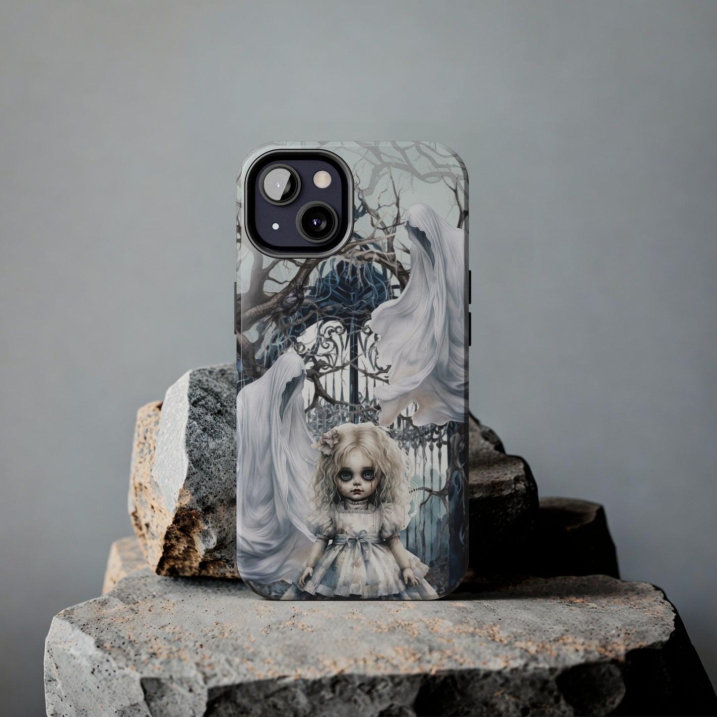 Spooky Gothic Tough iPhone Case | Ghosts Cemetery Scary Little Girl Phone Cover | Dark Scary Themed iPhone Accessories | "Let's Play"