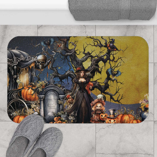 Autumn Fall Gothic Bath Mat | Witch Cemetery Skulls Little Girl Bathroom Rug | Dark Scary Themed Bath Decor | "Autumn Moon"