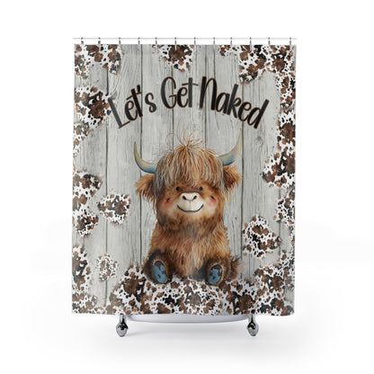 Rustic Farmhouse Shower Curtain | Highland Cow Woodprint Bathroom | Cow Themed Bath Decor | "Highland Nudity"