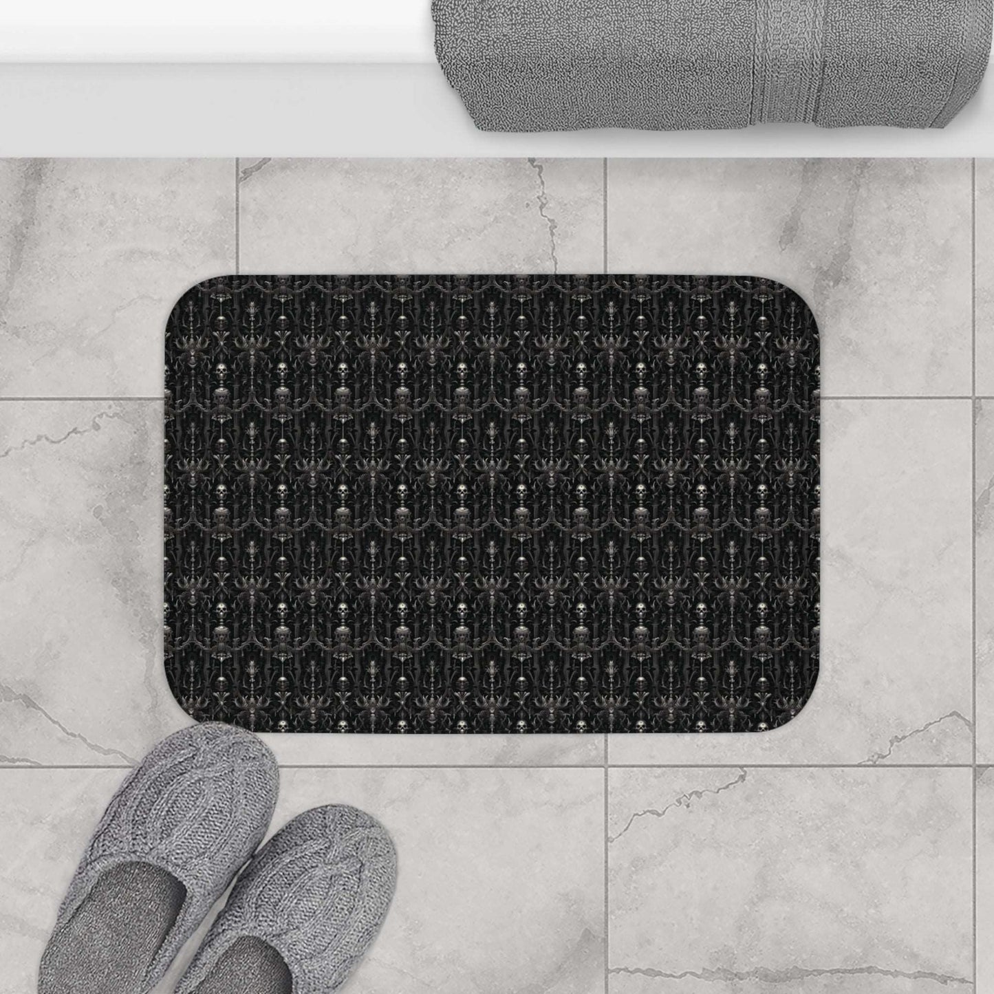 Gothic Style Bath Mat | Goth Skeletons Bathroom Rug | Dark Scary Themed Bath Decor | "Deadrose Sheleton"