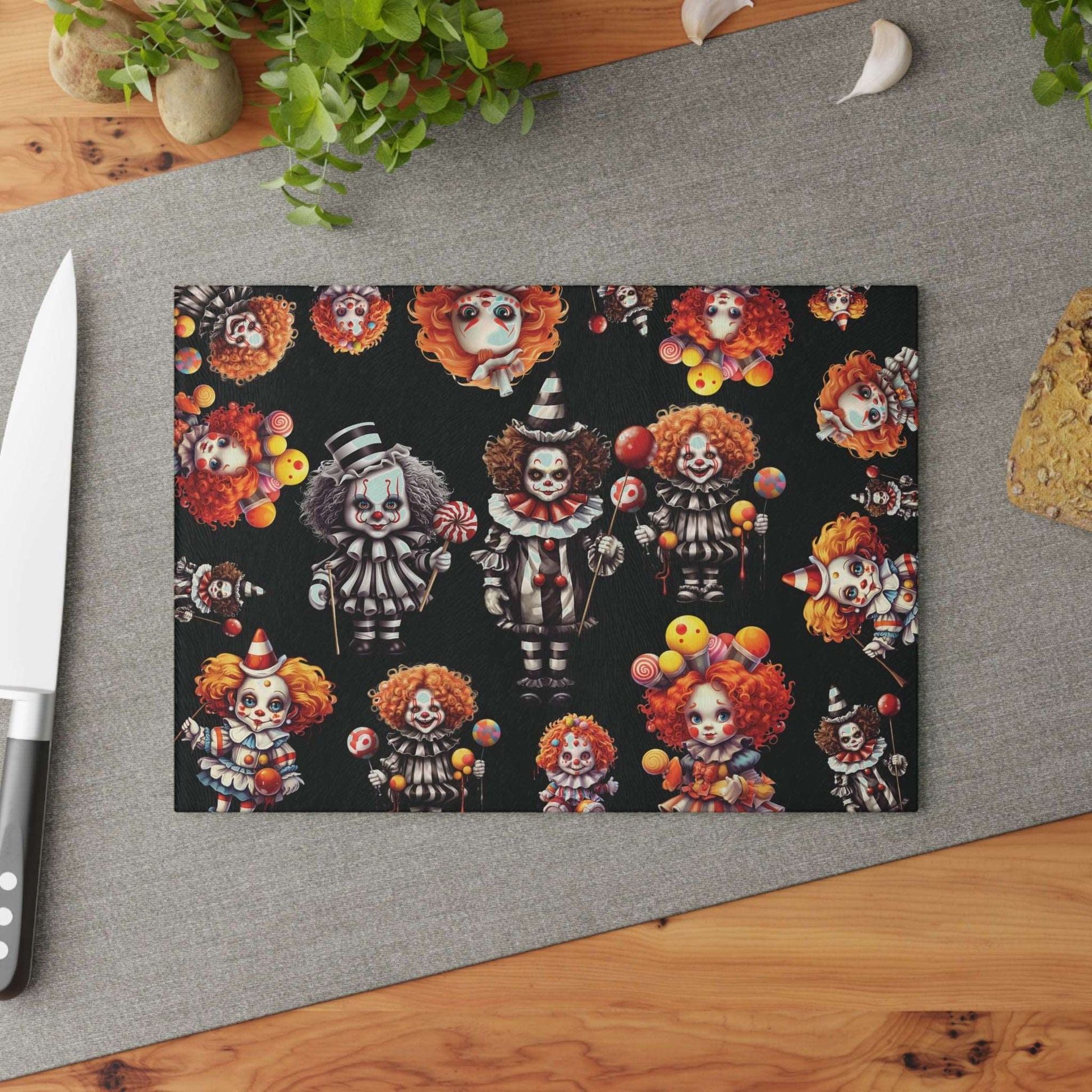 Scary Clowns Glass Cutting Board | Spooky Clown Kids Kitchen Decor | Horror Themed Home Accents | "Want Some Candy?"