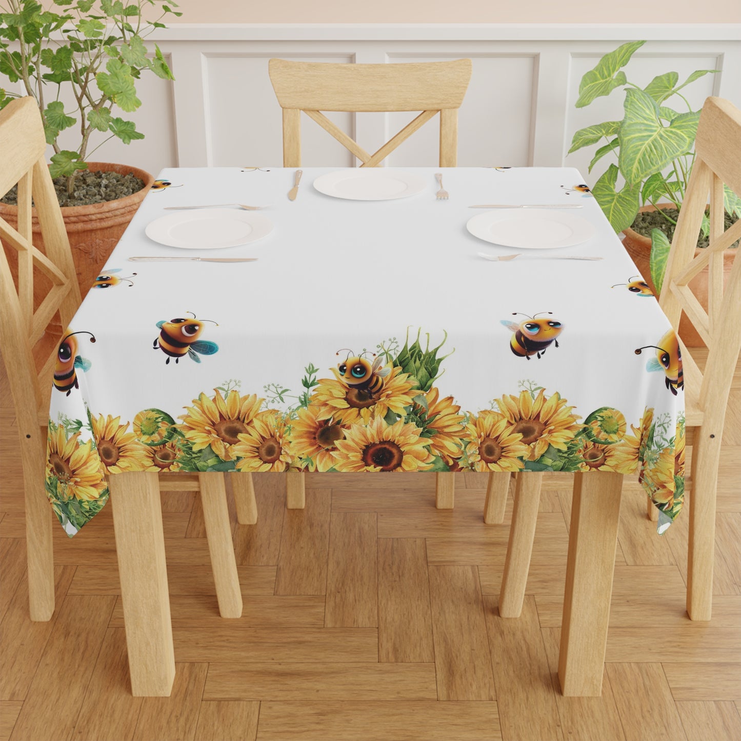 Spring Summer Tablecloth | Honeybees Sunflowers Table Cover | Bees and Flowers Themed Home Decor | "Sunflowers a'Buzzin"