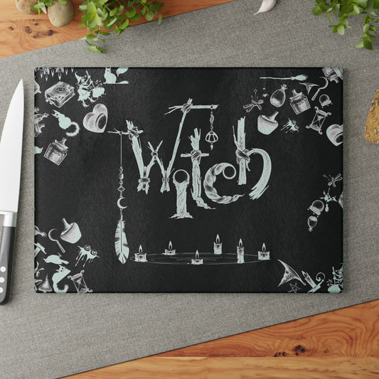 Witchy Pattern Style Glass Cutting Board | Witch Symbols Kitchen Decor | Witchcraft Themed Home Accents | "Twisted Witch"